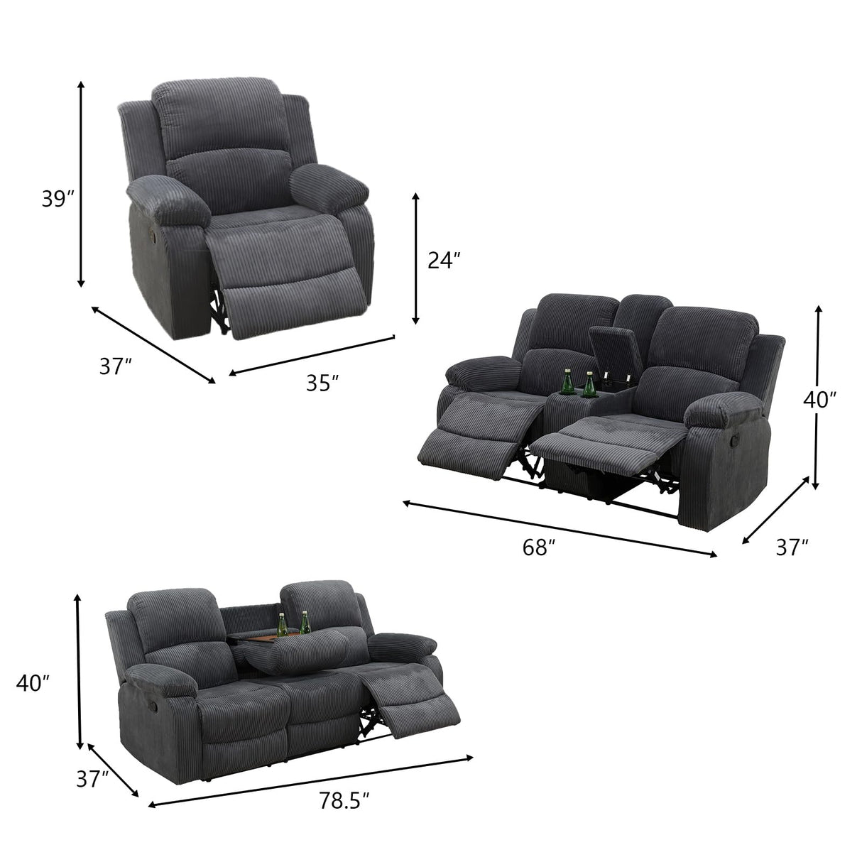Dekmxas Fabric Recliner Sofa Set Grey Loveseat Couch Chair Set Living Room Furniture Sets 3PCS Manual Reclining Sofa Set with Cup Holders and Storage Console for Living Room/Office (Grey, 3 PCS Set) Dekmxas