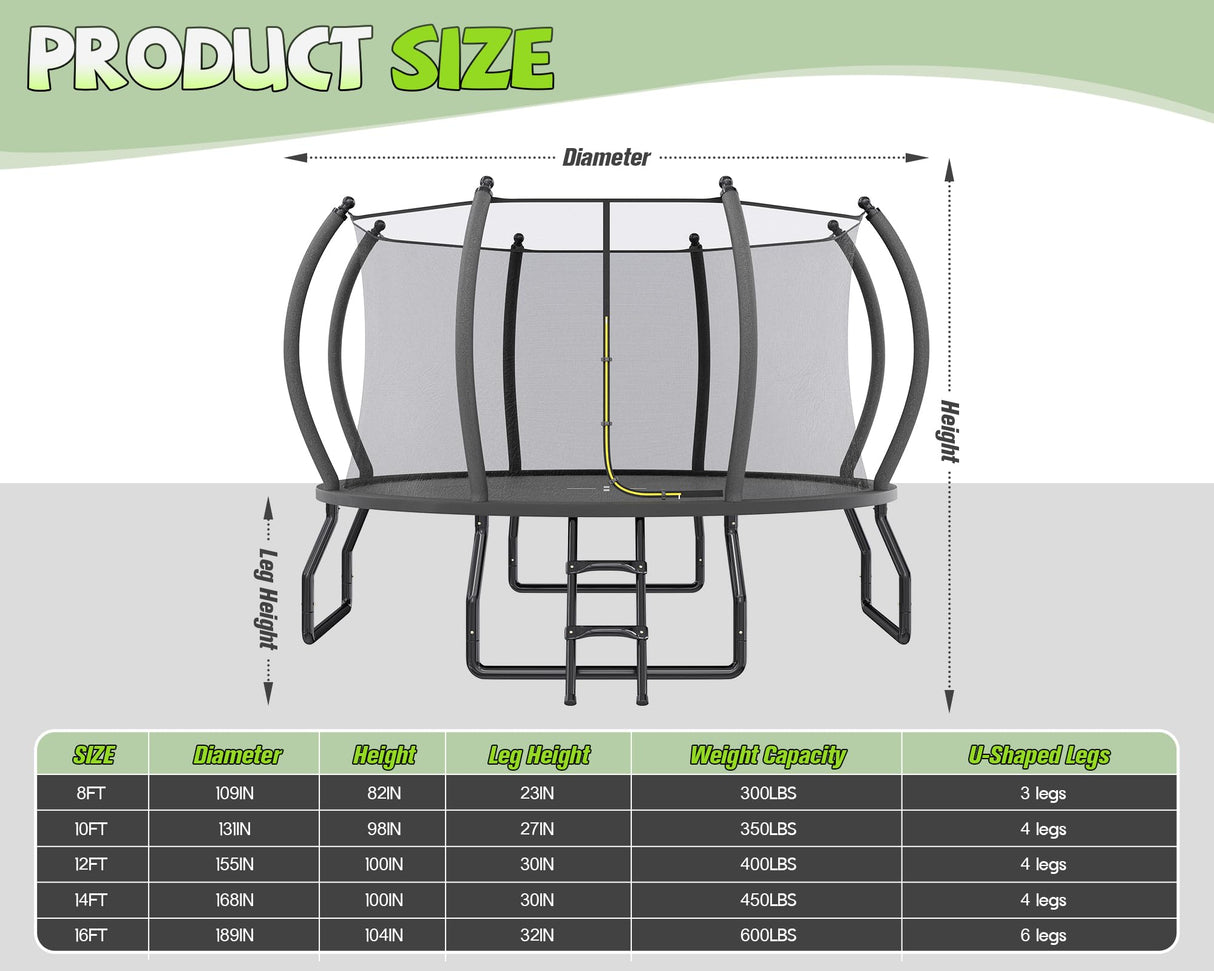 YUMPIE 8FT 10FT 12FT 14FT 16FT Outdoor Trampoline with Enclosure Net and Ladder, Recreational Trampolines for Kids, Pop-up Quick Connect Frame, ASTM Approval YUMPIE