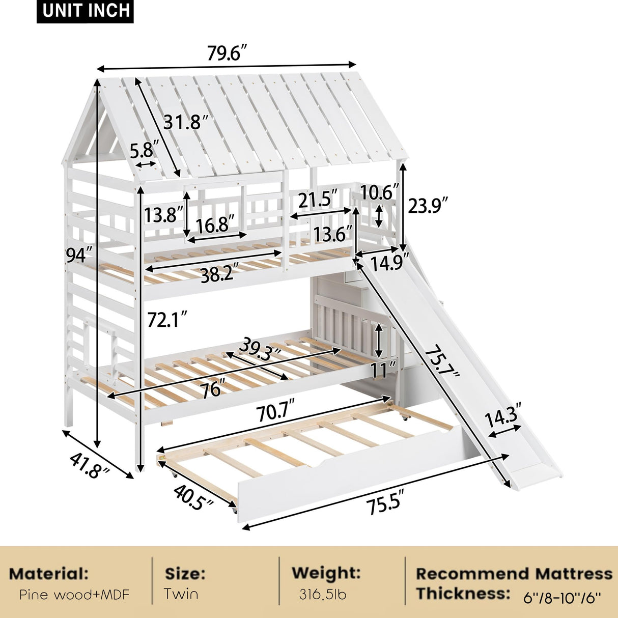 MERITLINE House Bunk Beds Twin Over Twin with Slide, Twin Bunk Bed with Storage Stairs and Trundle, Wood Kids Bunk Bed with Roof and Window Design for Girls, Boys,White MERITLINE
