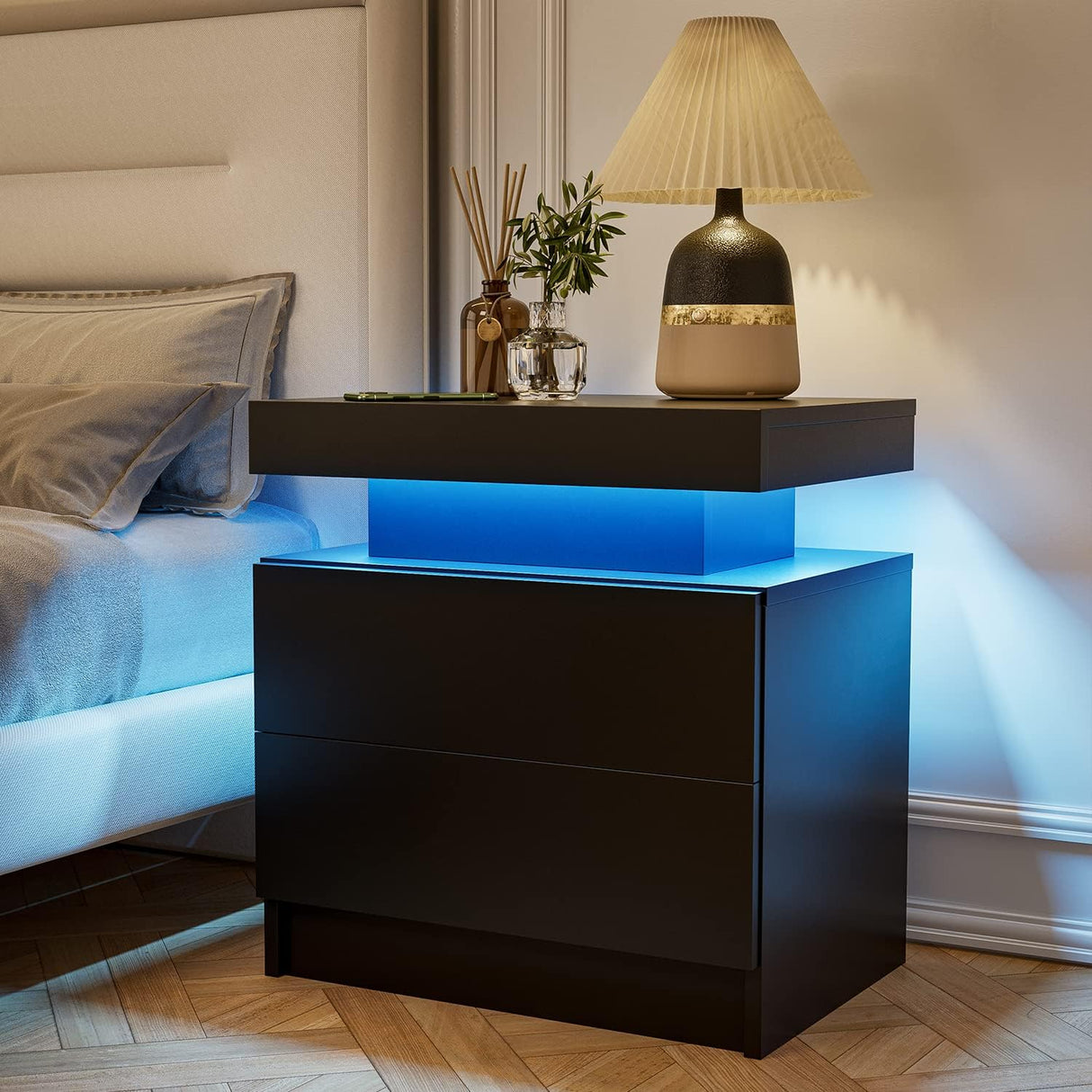 DobleCliCli LED End Table Set of 2, Modern Bedside Table with Storage, 20.5" Tall End Tables Bedroom Set of 2 with 2 Drawers, LED Furniture for Bedroom, Living Room, and Playroom, Black DobleCliCli