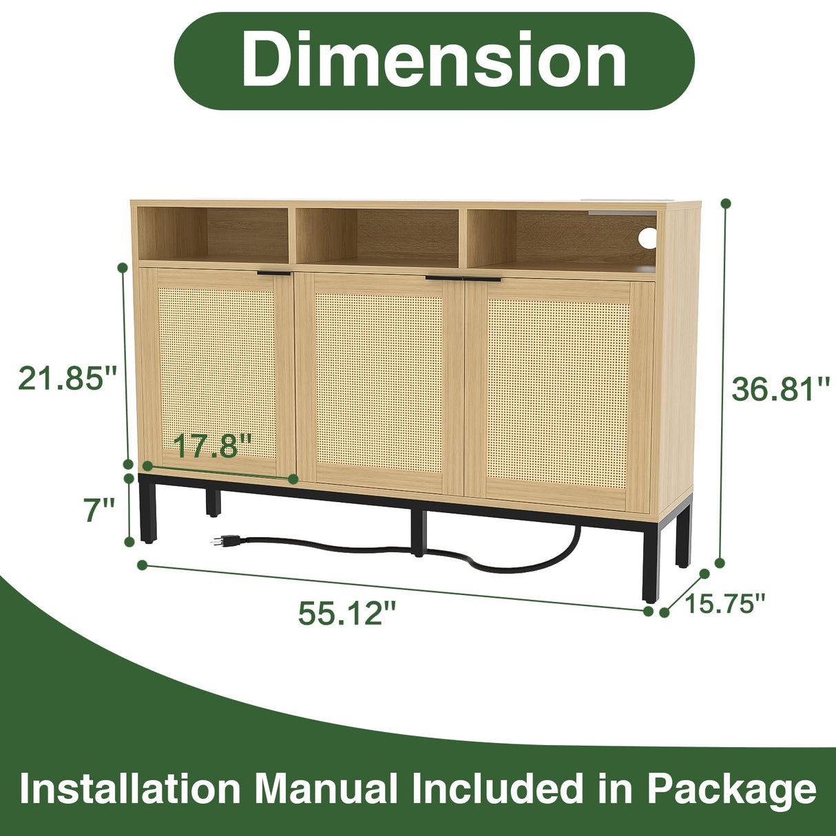 Yeyawomy Buffet Sideboard Cabinet with Storage, Storage Cabinet with LED Light and Charging Station, Rattan Sideboard Storage Cabinet, Farmhouse Kitchen Coffee Bar Cabinet, Boho Chest Storage Yeyawomy