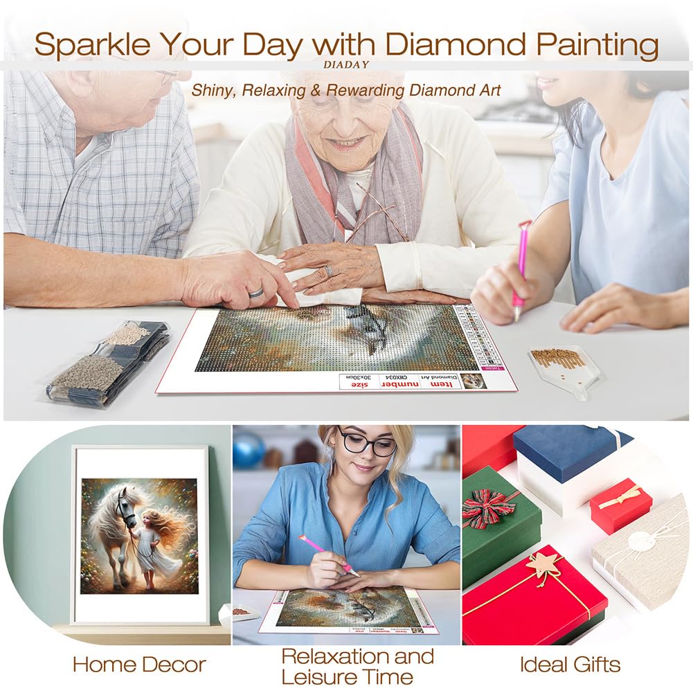 DIADAY Diamond Art Kits for Adults Horse, 5D Horse and Girl Diamond Painting Kits for Adults, Full Drill Round Gem DIY Diamond Dots Art Craft Home Wall Decor Gift 12 x 12 Inches DIADAY