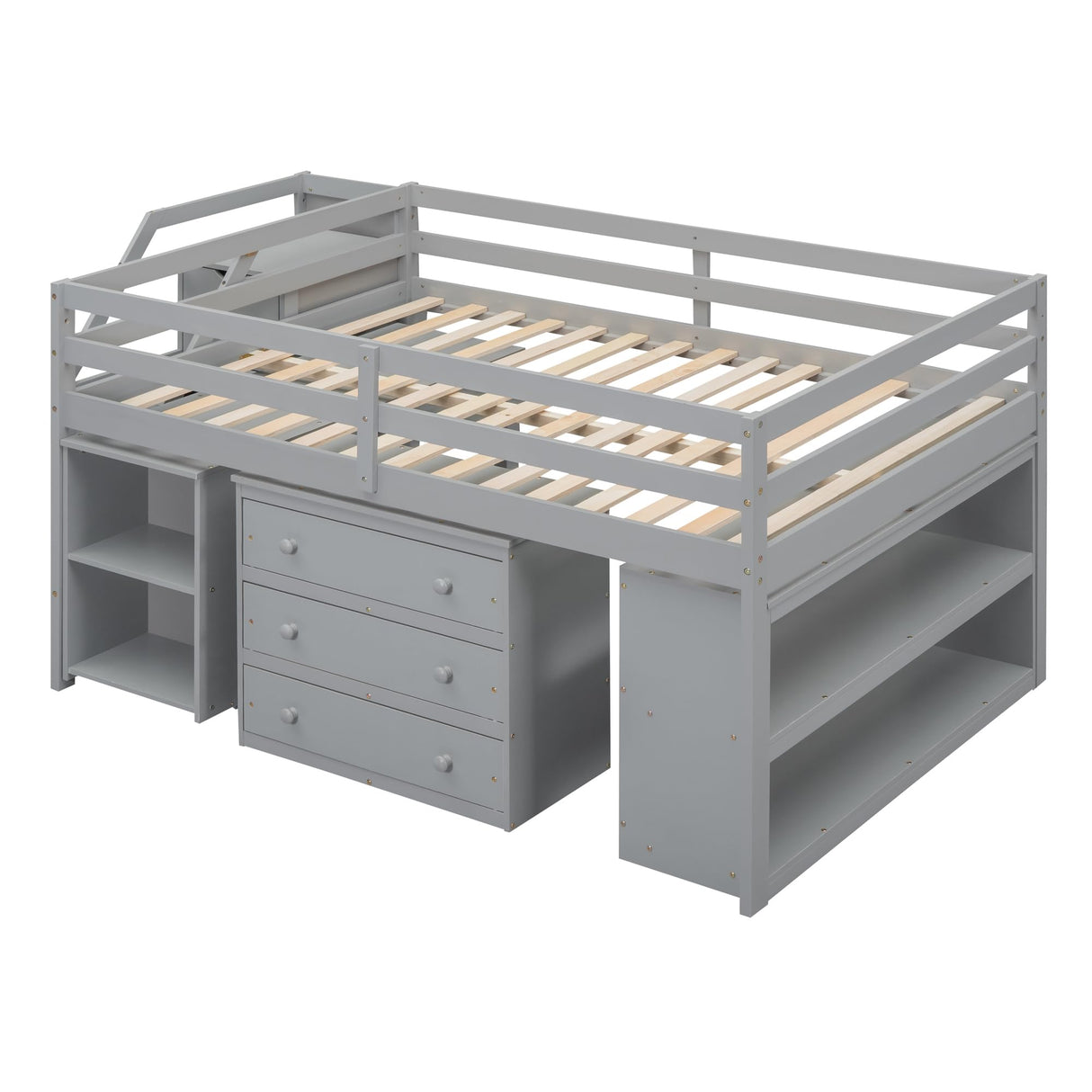 Harper & Bright Designs Grey Full Low Loft Bed with Storage, Stairs, and Rolling Desk Harper & Bright Designs