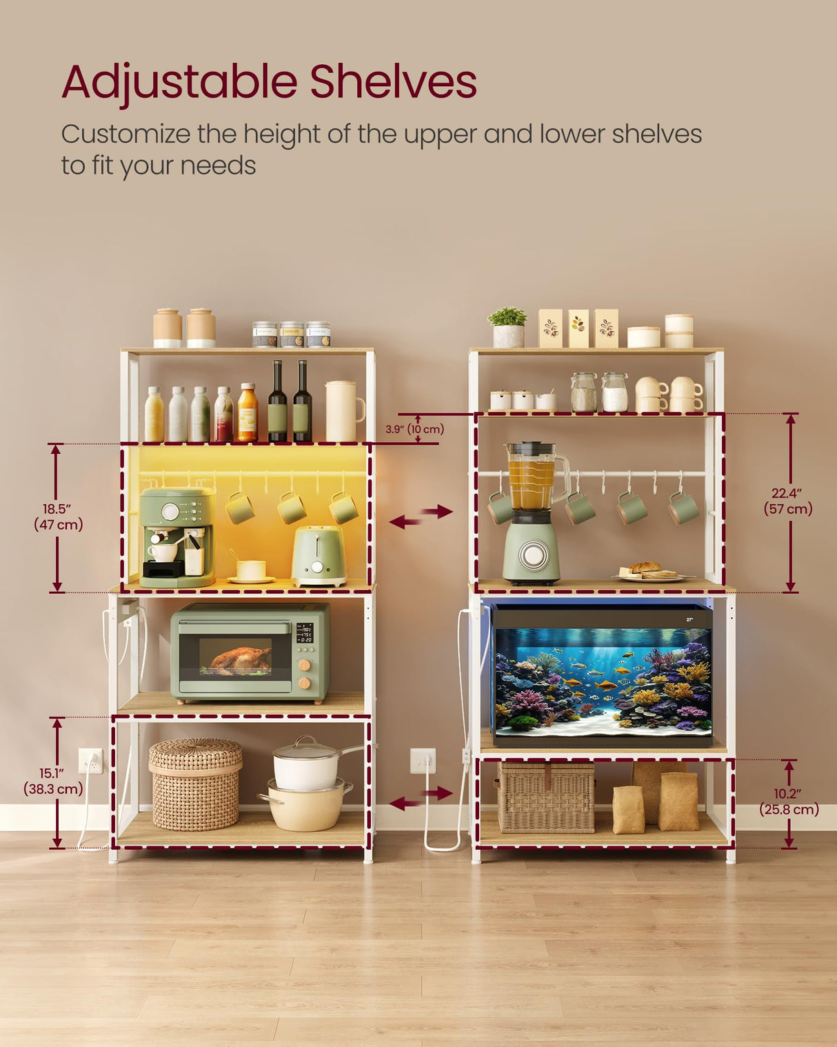 VASAGLE Coffee Bar with LED Lights, Kitchen Bakers Rack with Power Outlet, Microwave Stand with Adjustable Shelves, 8 Hooks, 15.7 x 31.5 x 65.7 Inches, Golden Oak and Matte White UKKS050Y01 VASAGLE