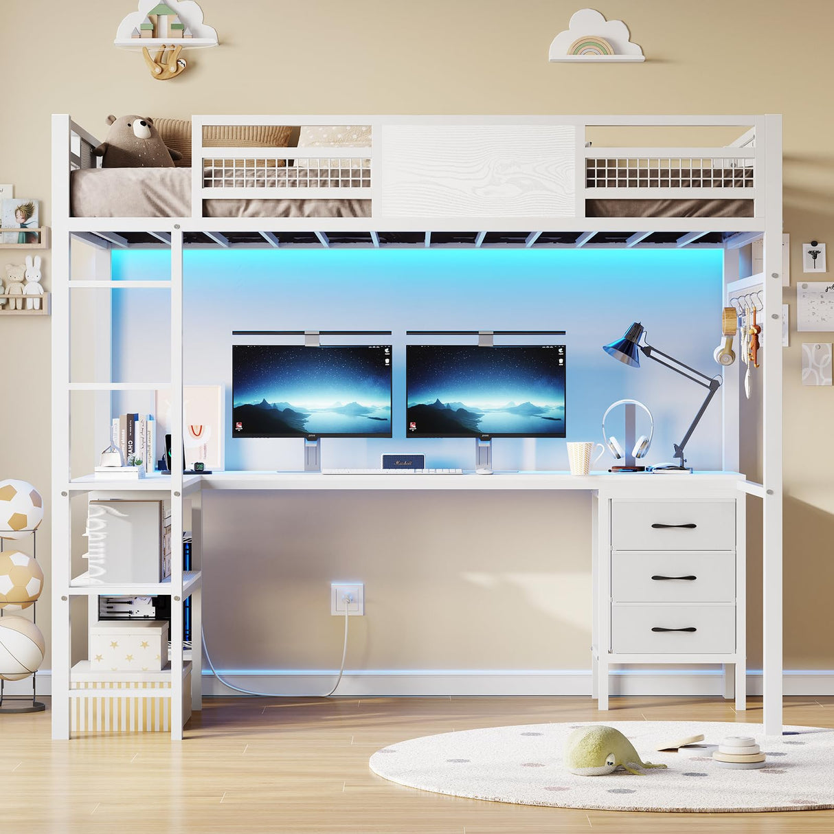 BTHFST Twin Loft Bed with L-Shaped Desk, LED Lights, Charging Station & Storage Solutions BTHFST