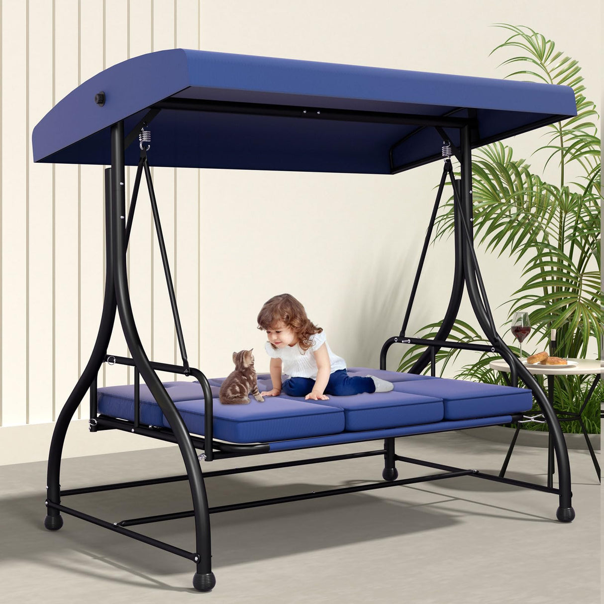 3-Seat Outdoor Patio Swing Chair with Adjustable Canopy Removable Cushion, Heavy Duty Porch Swing Glider for Patio, Backyard, Poolside, Balcony - Navy Blue FUNG YARD