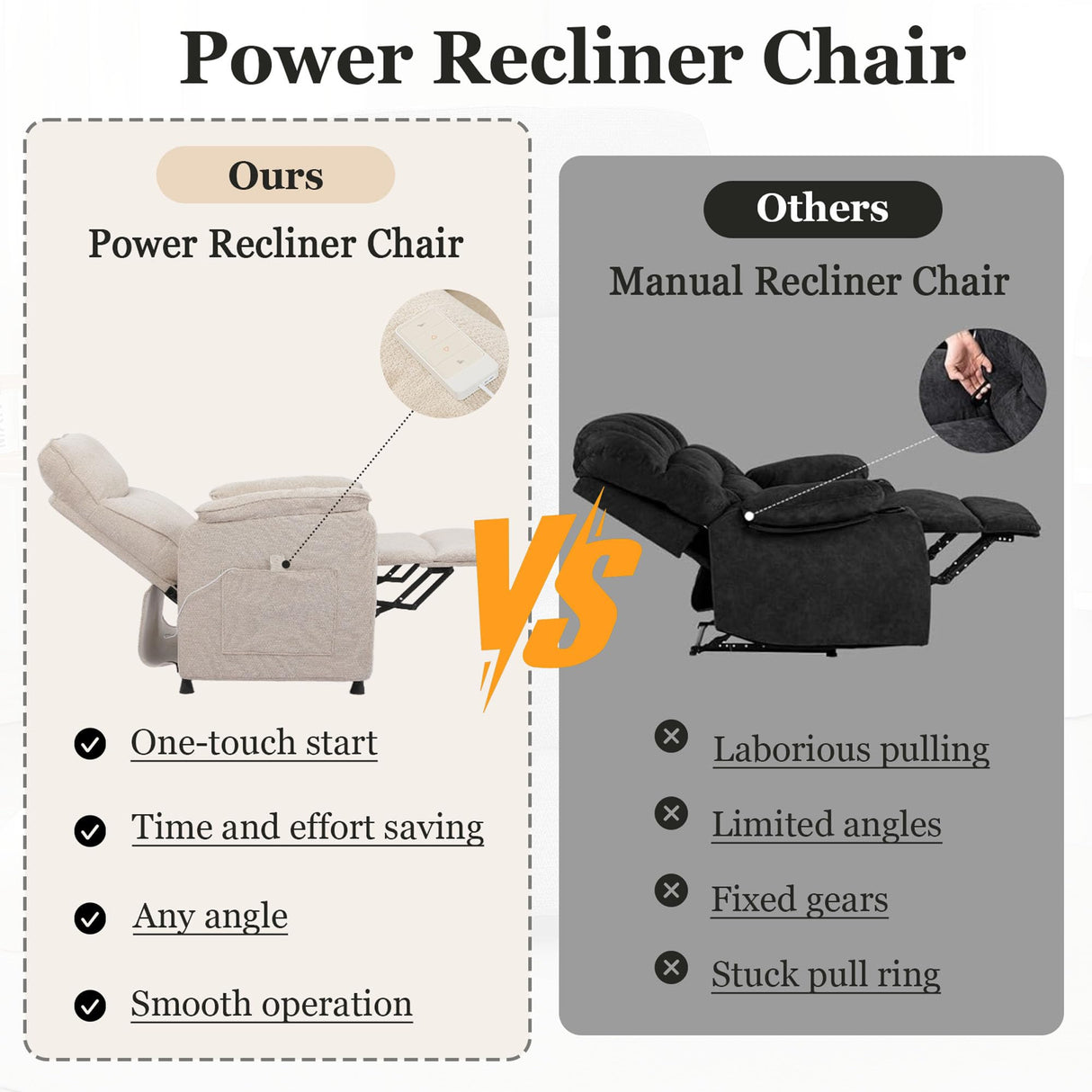 Electric Nursery Recliner Chair with Remote Control, Blue Power Recliner Chairs with Side Pockets. Small RecinerChairs for Adults, Mini Reclining Chair for Bedroom Living Room (Beige) HRVEOCEI