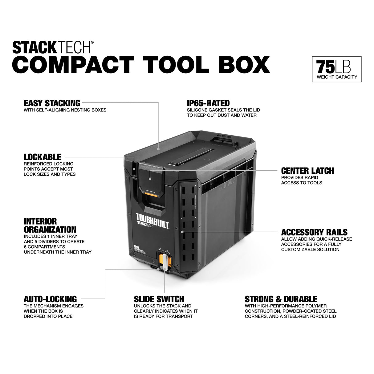 ToughBuilt StackTech Compact Tool Box Lockable Organizer with Removable Tray ToughBuilt
