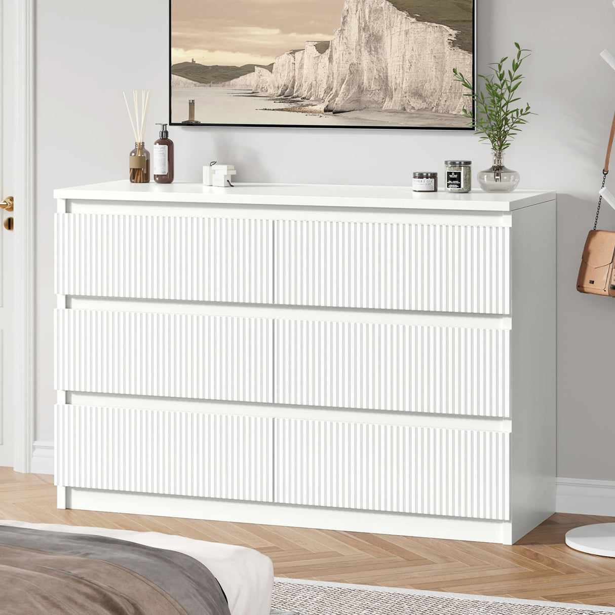 Jocoevol White 6 Drawer Dresser for Bedroom, Modern Fluted Dresser with Deep Drawers, Large Double Wooden Chest of Drawers for Living Room, Hallway, Entryway (White) Jocoevol