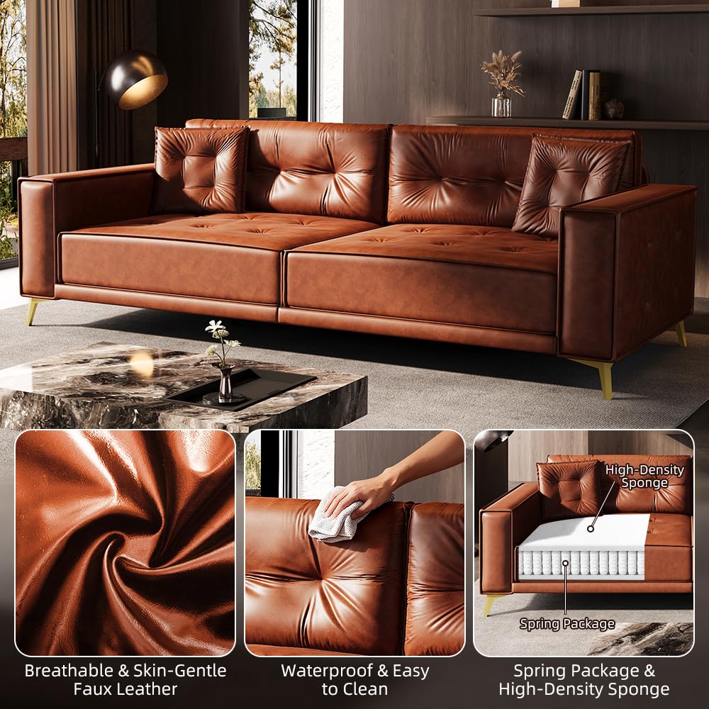 Skipity Sigmo 92" King Pull Out Sofa Bed, PU Leather Convertible Sleeper Couch with Tufted Design, Oversized 4-Seater Modern Mid Century Sectional Couch for Living Room, Small Spaces, Light Brown Skipity Sigmo