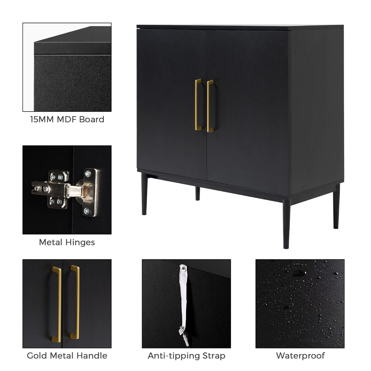 KFO Storage Cabinet with Doors, Black Accent Cabinet, Modern Free Standing Cabinet, Black Sideboard with Metal Base for Bedroom, Living Room, Kitchen and Office KFO