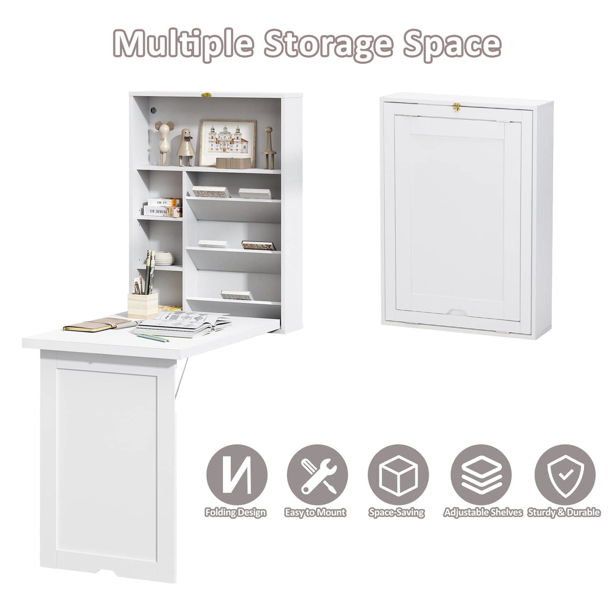 JAXPETY Wall Mounted Space Saving Desk Fold Out Convertible Desk Wood Floating Writing Desk with Storage Shelves Laptop Tabletop for Home Office, White JAXPETY