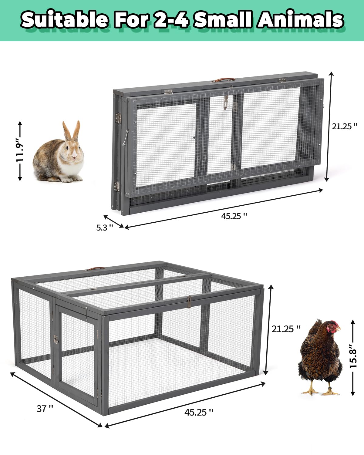 COZIWOW Chicken Coop Run Rabbit Hutch, Portable Chicken Cage Pens with Top & Side Opening Doors, Folding Wooden Chicken Coop, Outdoor Indoor Small Animal Playpen, Chicken Brooder Box, 45.3Inch (Grey) COZIWOW