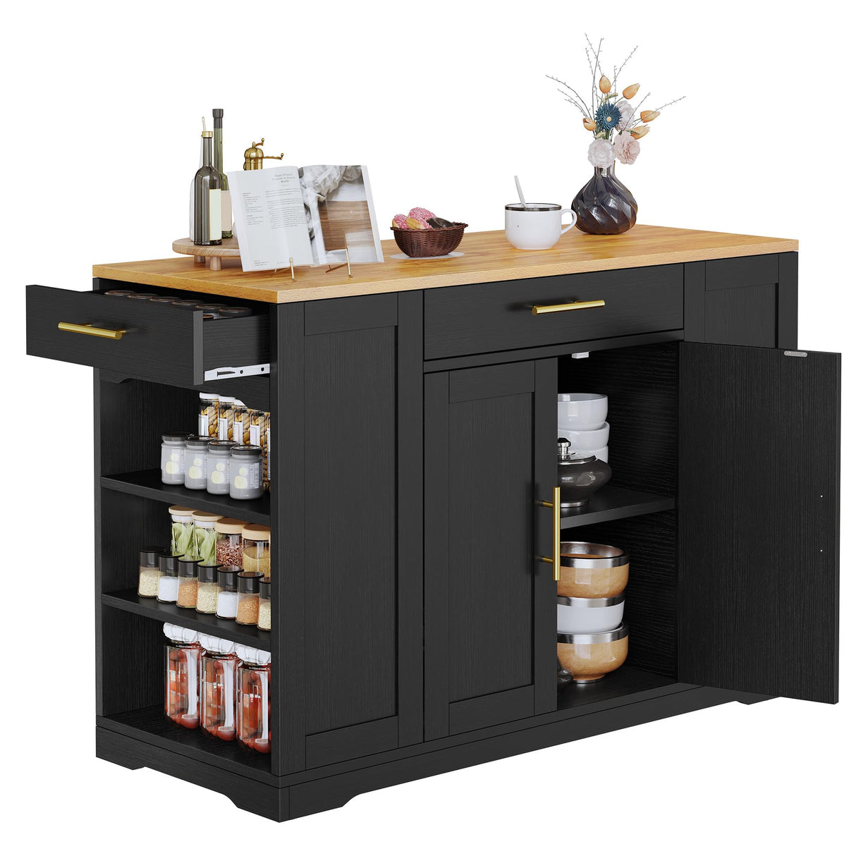 DWVO Large Kitchen Island with Trash Can Storage Cabinet, 53 Inch Portable Kitchen Island with Storage, Long Rolling Island Table Cabinet for Kitchen on Wheels for 13 Gallon Garbage Bin, Black DWVO