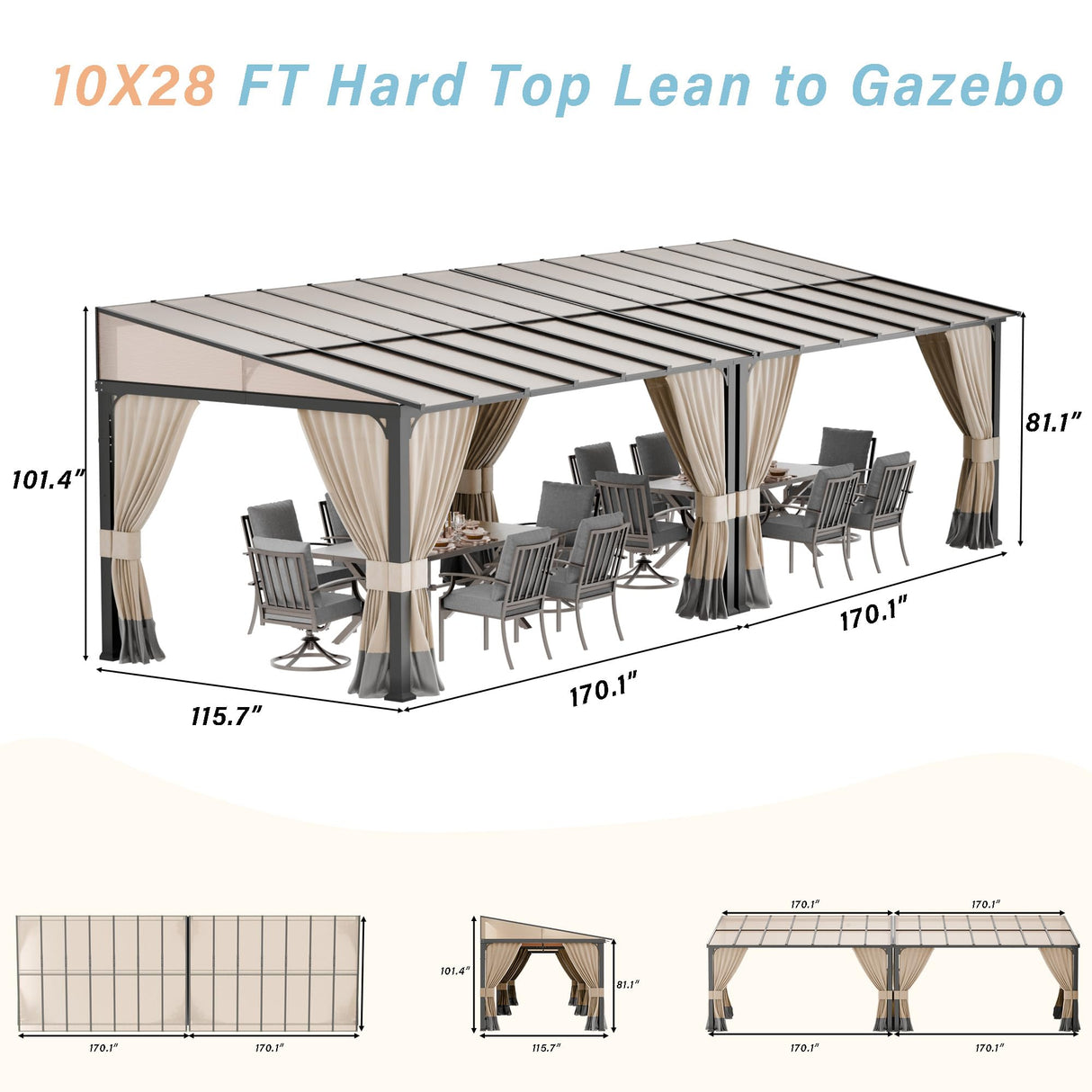 RTDTD 10' x 28' Gazebo,Hard Top Lean to Gazebo Wall Mount Heavy Hardtop Gazebos Outdoor Pergola with Curtains and Netting for Patio Garden Lawn Backyard Deck (Brown) RTDTD