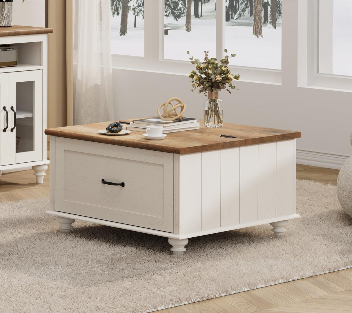 WAMPAT White Coffee Table with Lift Top & Drawer, Square Wood Center Table with Hidden Storage Compartment, Farmhouse Coffee Table for Living Room, 30 Inch WAMPAT