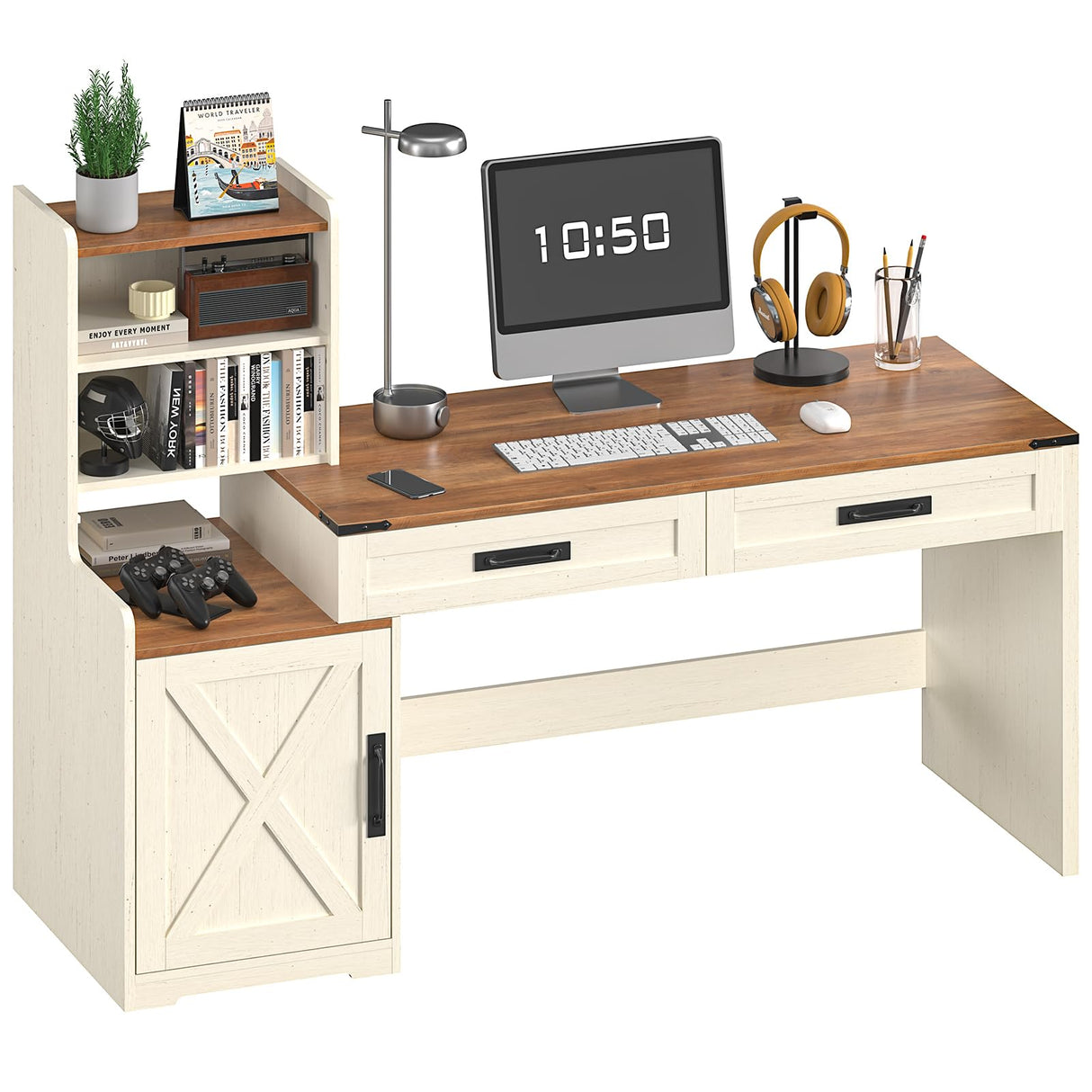 YOMILUVE Farmhouse Computer Desk with Drawers & Shelves, 60'' Home Office Desk with Bookshelf, Vanity Desk Writing Study Table with Storage, Antique White YOMILUVE