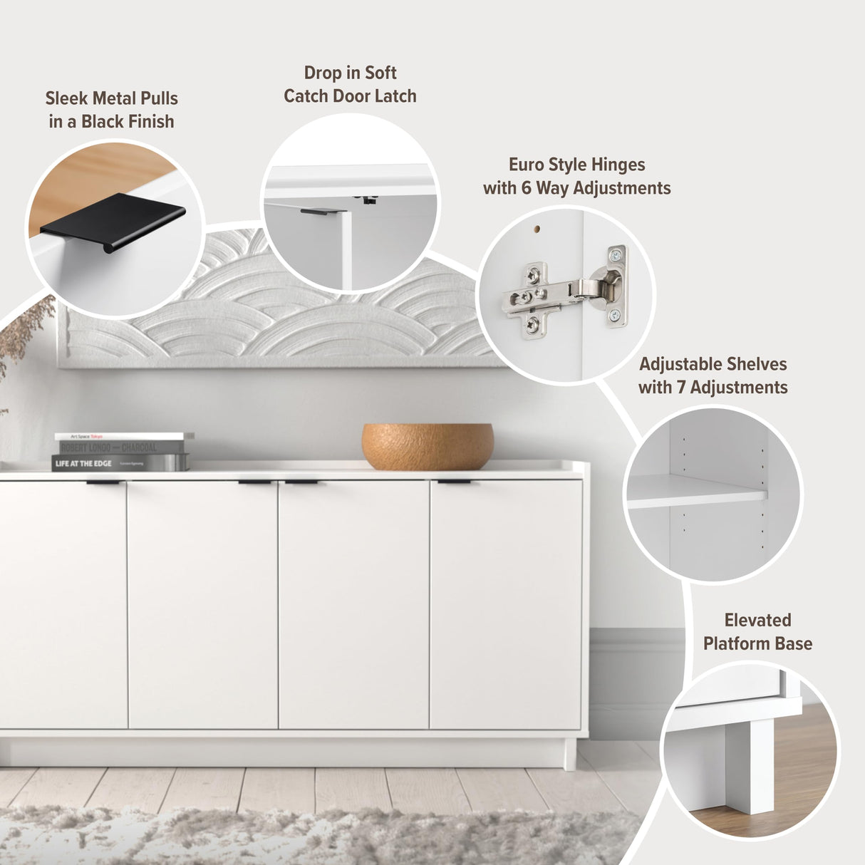 Prepac Simply Modern 4-Door Console Table with Versatile Storage in White Prepac