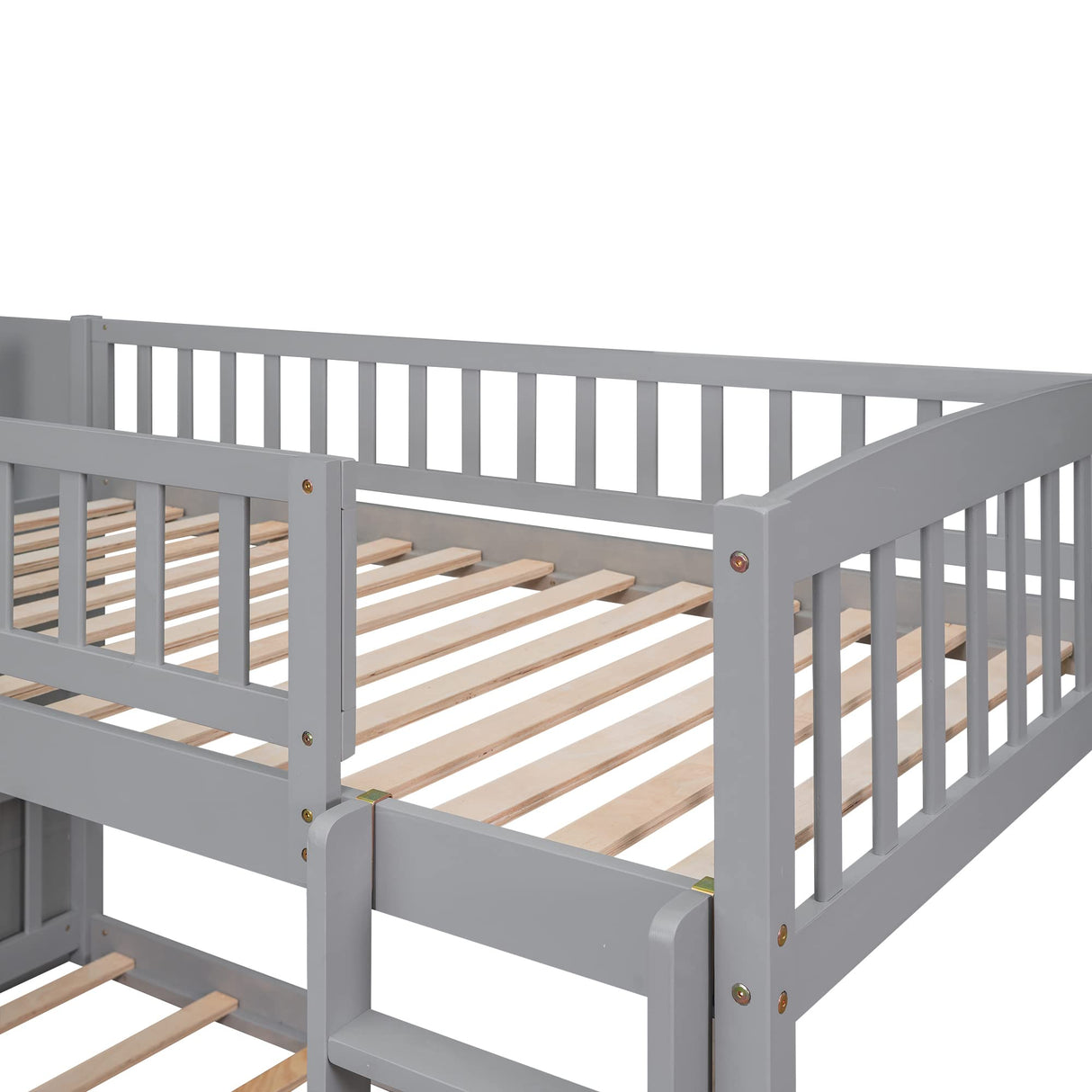 Ball & Cast Twin Over Twin Size Bunk Bed with Two Drawers and Slide,Wood Bunkbed w/Full-Length Guardrails & Storage Convertible Ladder,Space Saving,Slat Support,Bedframe for Child's BedroomGray Ball & Cast