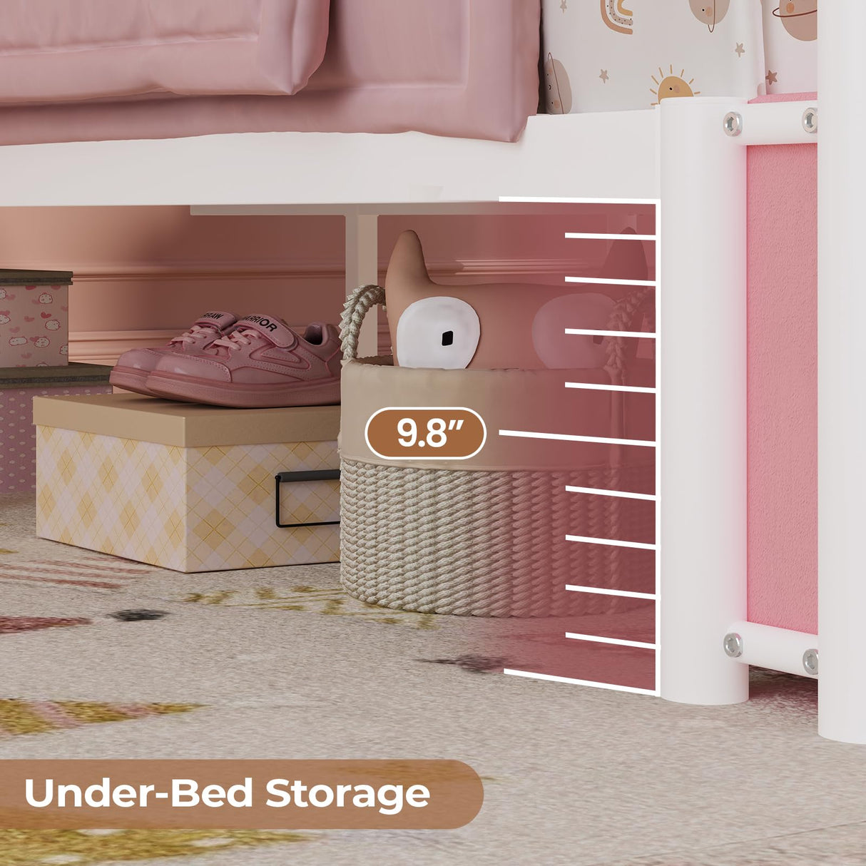 ADORNEVE Full Canopy Bed Frame with LED Lights and Charging Station, Velvet Upholstered Platform Bed for Girls,Headboard with Charging Station & Guardrail & Crystal Button,Pink ADORNEVE