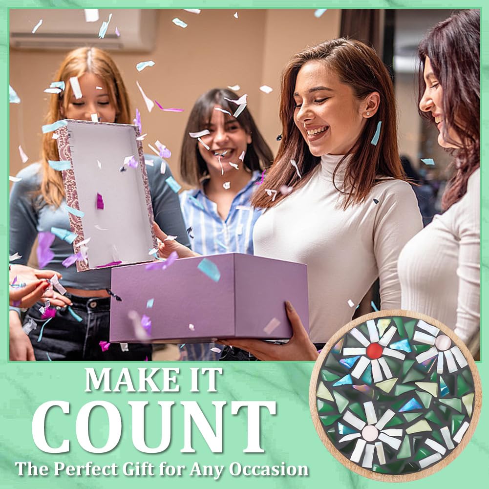 WEBEEDY 3 Styles DIY Mosaic Craft Kit Easy to Make DIY Flower Mosaic Bamboo Coasters Kits for Adults Beginner, Green Glass Mosaic Tiles with Blank Base Tray for Handmade Art Home Decor WEBEEDY