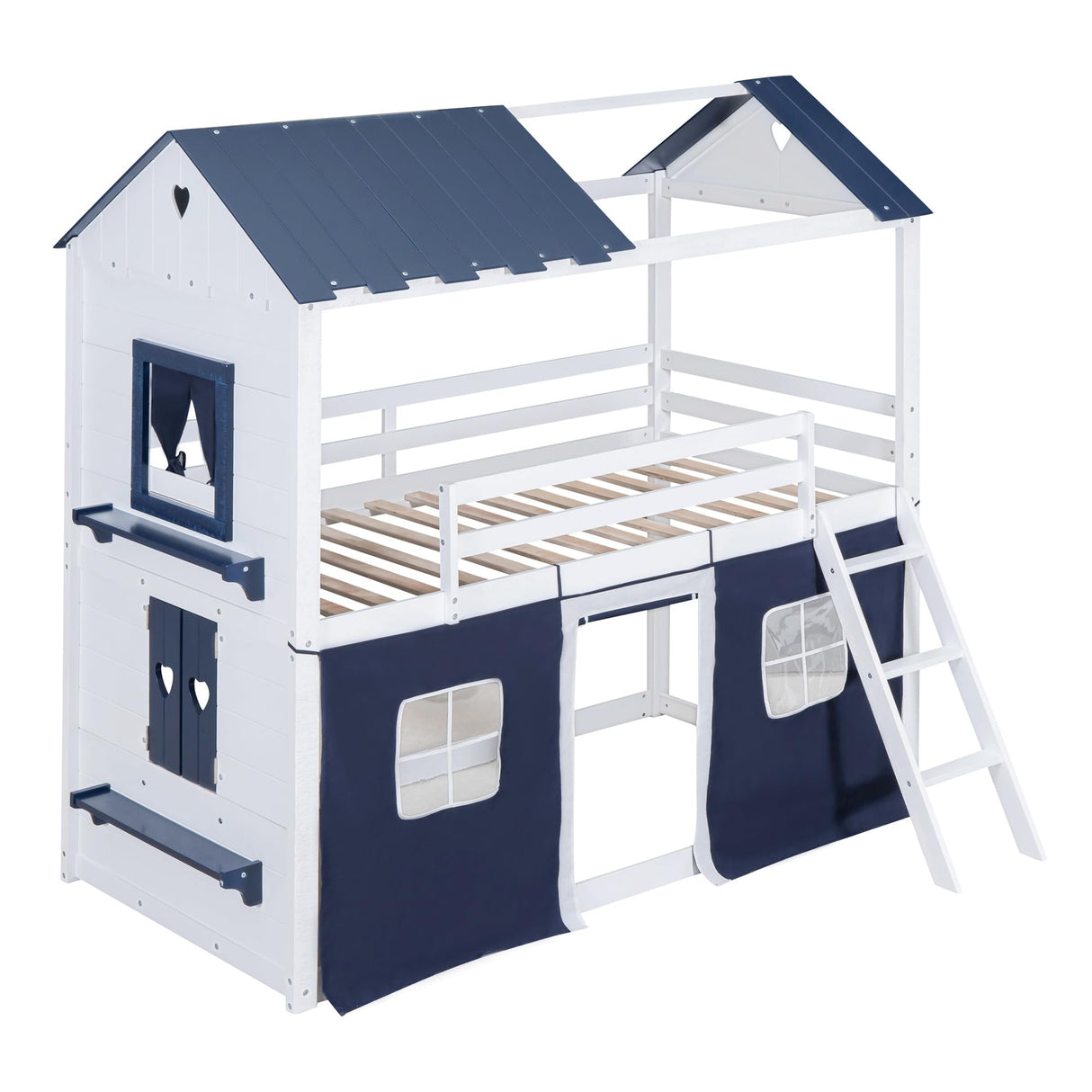 Harper & Bright Designs House Twin Loft Bunk Bed with Tent,Kids Twin Loft Bed with Ladders,Guardrail,Windows & Roof, Wood Twin Over Twin Playhouse Bunk Bed for Kids Teens Boys & Girls (Blue & White) Harper & Bright Designs