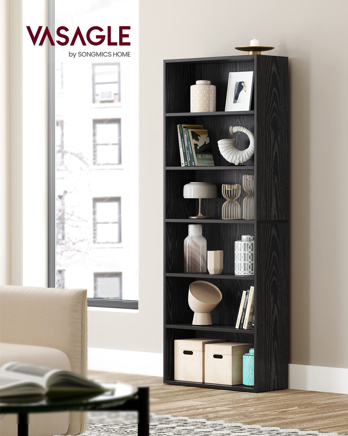 VASAGLE CUSTOS Collection - Bookshelf, 6-Tier Bookcase, Book Shelf, Open Storage Shelf, 9.4 x 23.6 x 63.3 Inches, for Living Room, Home Office, Dinning Room, Ebony Black ULBC166T56 VASAGLE