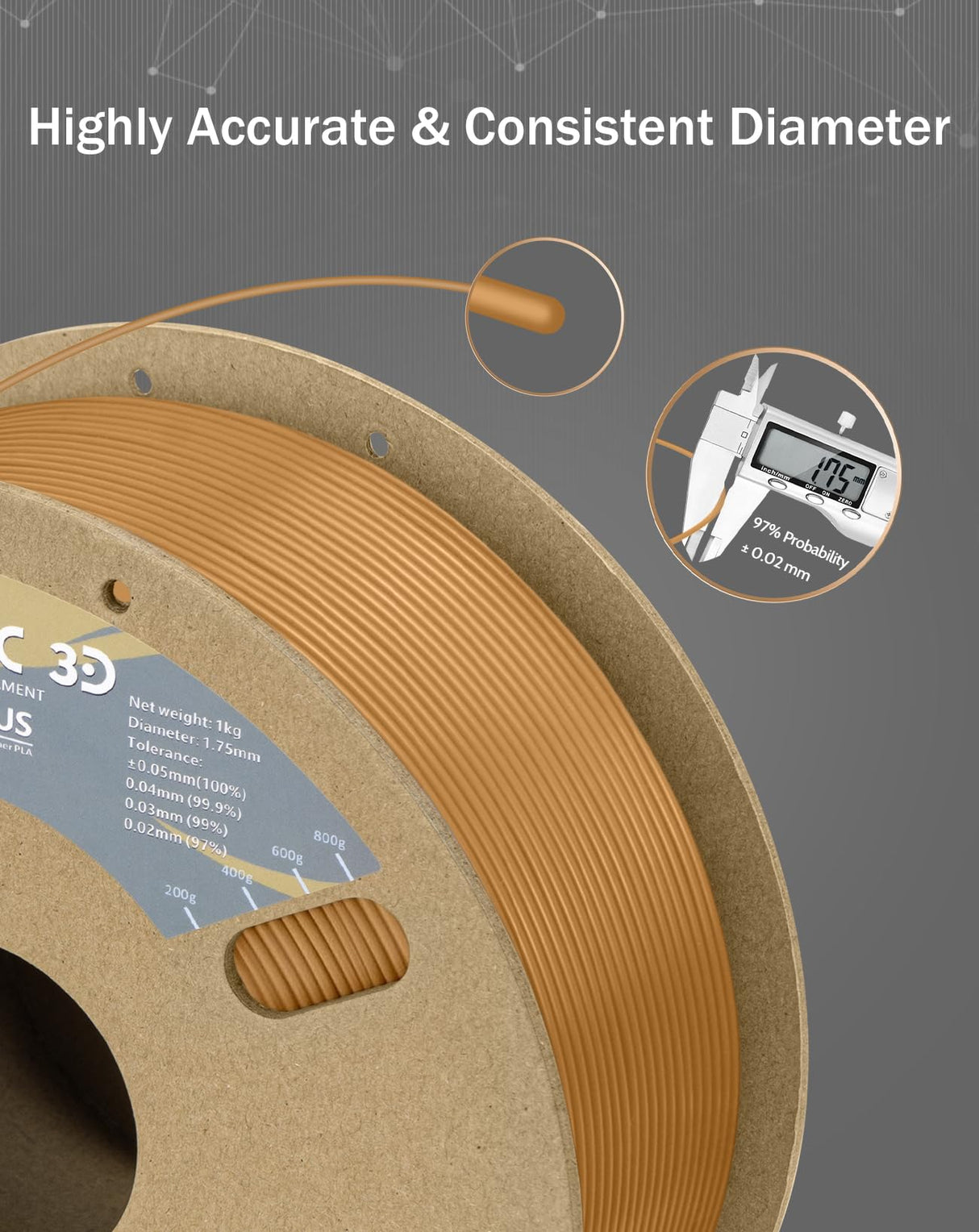 DURAMIC 3D PLA+ Filament 1.75mm 1Kg Light Brown, PLA Plus 3D Printer Filament 1Kg Spool(2.2lbs) PLA Pro Tougher and Stronger, Dimensional Accuracy Probability +/- 0.02mm DURAMIC 3D