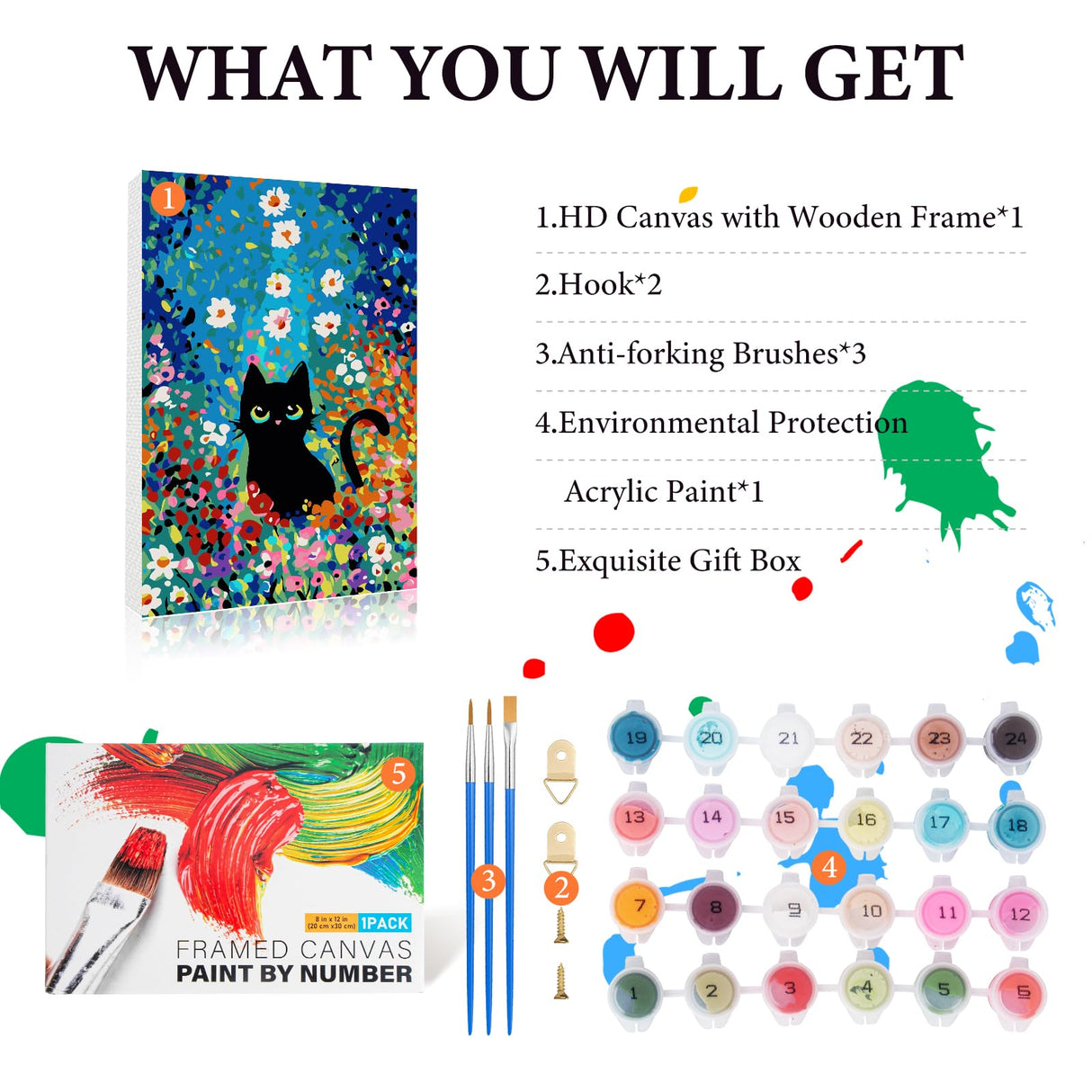 Fountor Paint by Numbers Kit for Adults Beginner & Kids Ages 8-12 with Wooden Frame Easy Acrylic on Canvas 8x12 inch with Paints and Brushes, Paint by Numbers Flowers Cat for Gift Home Wall Decor Fountor