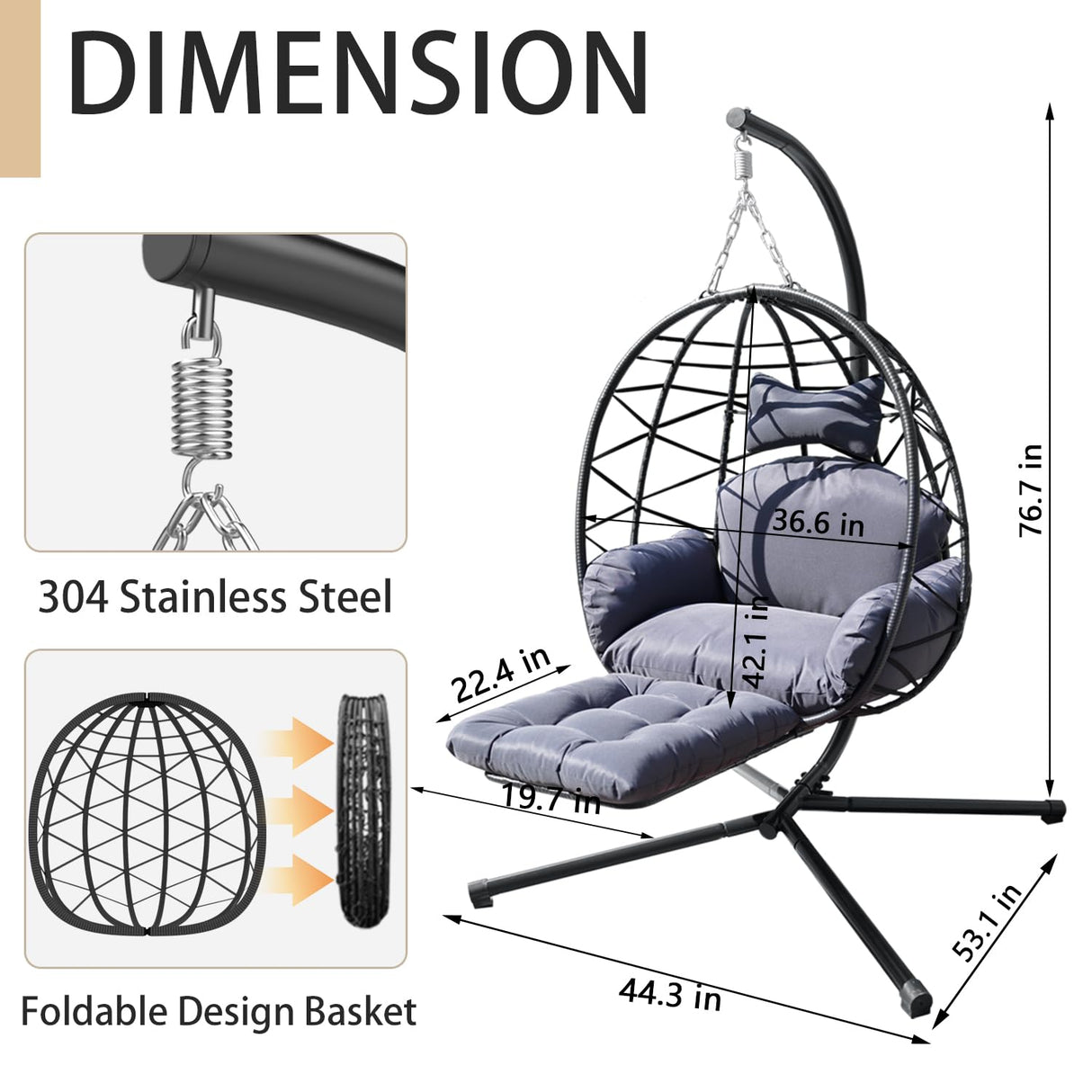 Indoor Outdoor Hanging Egg Chair with Stand & Leg Rest – Heavy-Duty Steel Frame, Handwoven Rattan Swing Chair for Patio, Garden, Bedroom – 350 lbs Capacity, Ergonomic Design (Black) Nevsokio