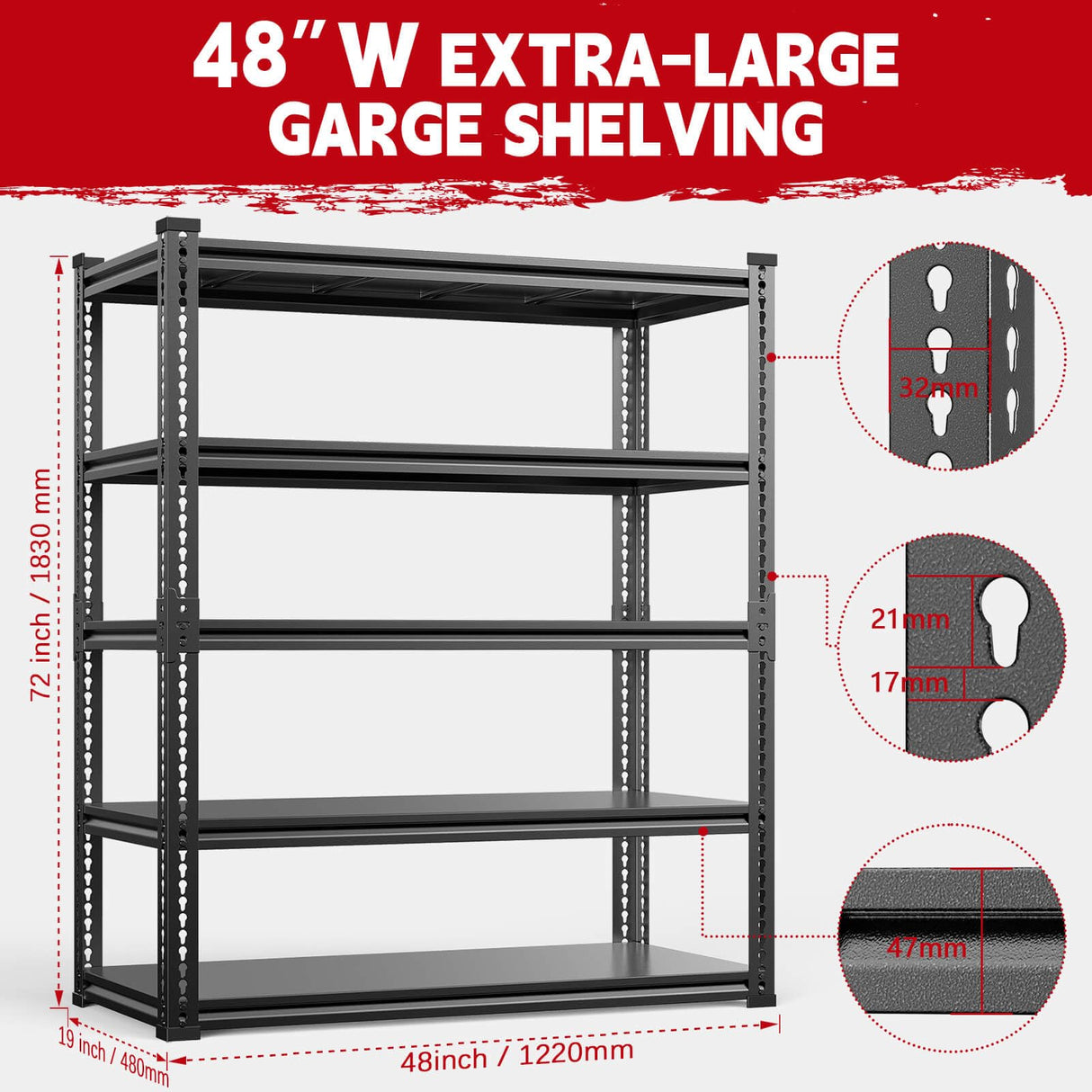 Lauxery Heavy-Duty Garage Shelving Unit | 3000lbs Capacity | Easy Assembly | Innovative Honeycomb Shelves | 5-Tier Adjustable Industrial Shelf for Basement/Pantry/Warehouse| 72" H x 48" W x 18.9" D Lauxery