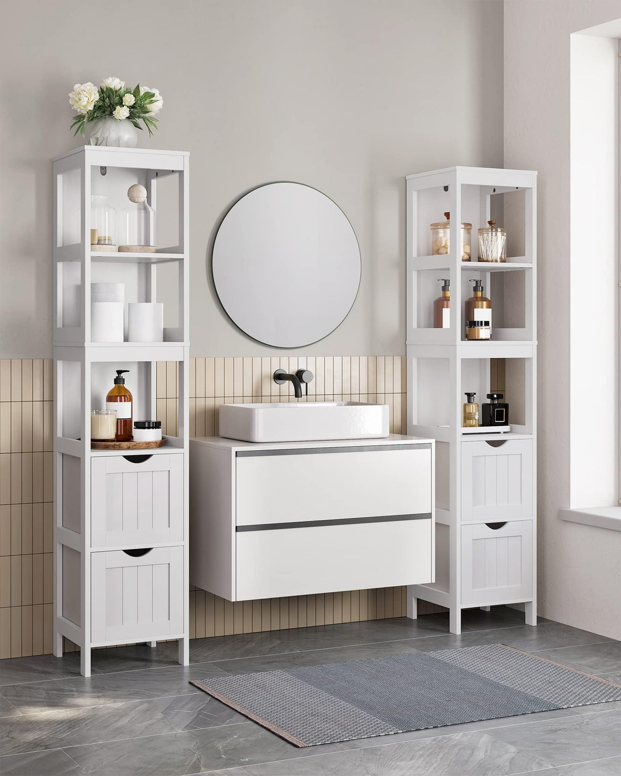 VASAGLE Bathroom Floor Cabinet, Bathroom Storage Organizer Rack Stand, Multifunctional Corner Unit, 2 Drawers, 55.7 Inches in Height, White UBBC66WT VASAGLE