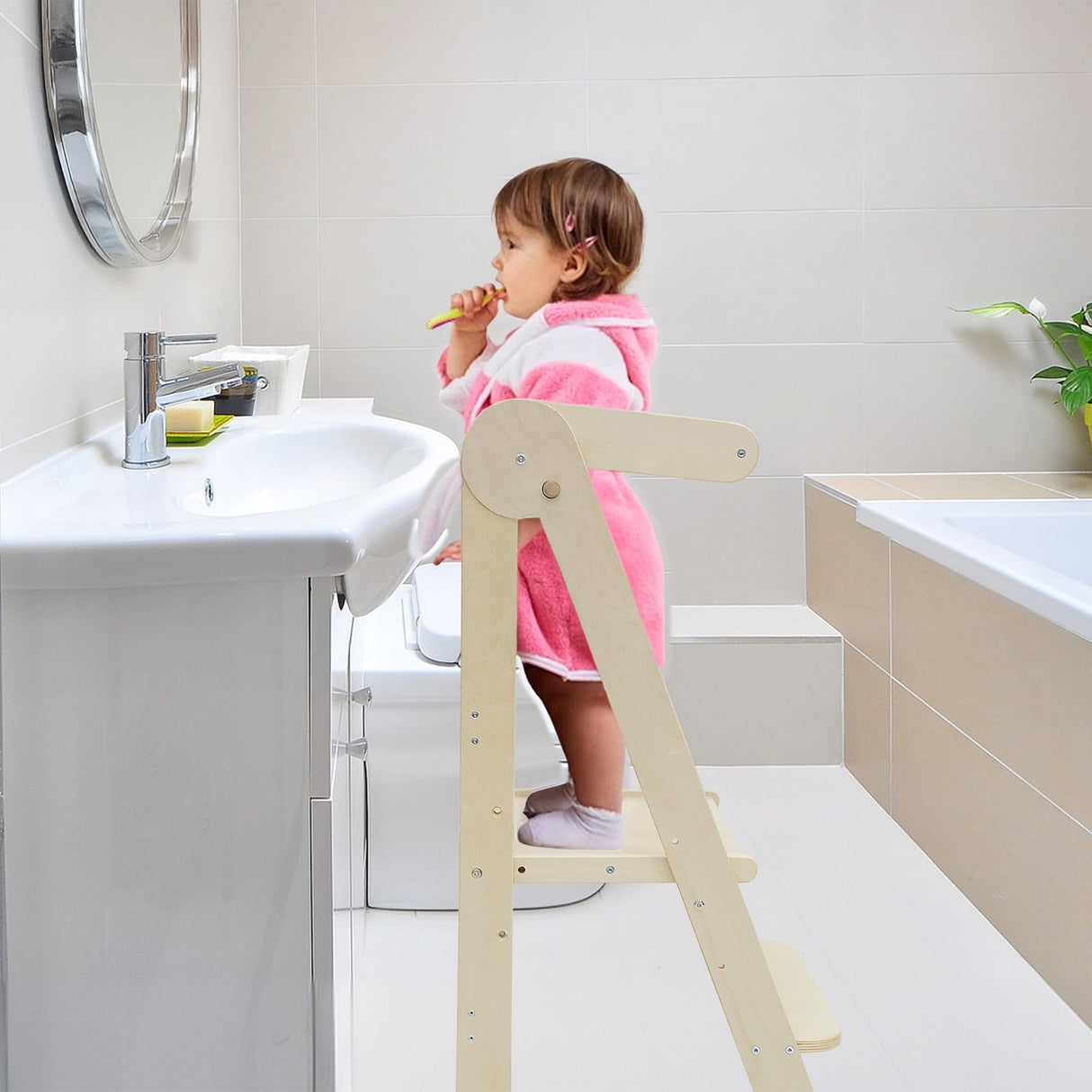 Foldable Toddler Tower 95% Preassembled Kitchen Stool Helper Folding Step Stool for Kids Montessori Toddler Standing Tower with 3 Adjustable Height Helper Tower for Kitchen Counter Sink Natural SHWWQUE