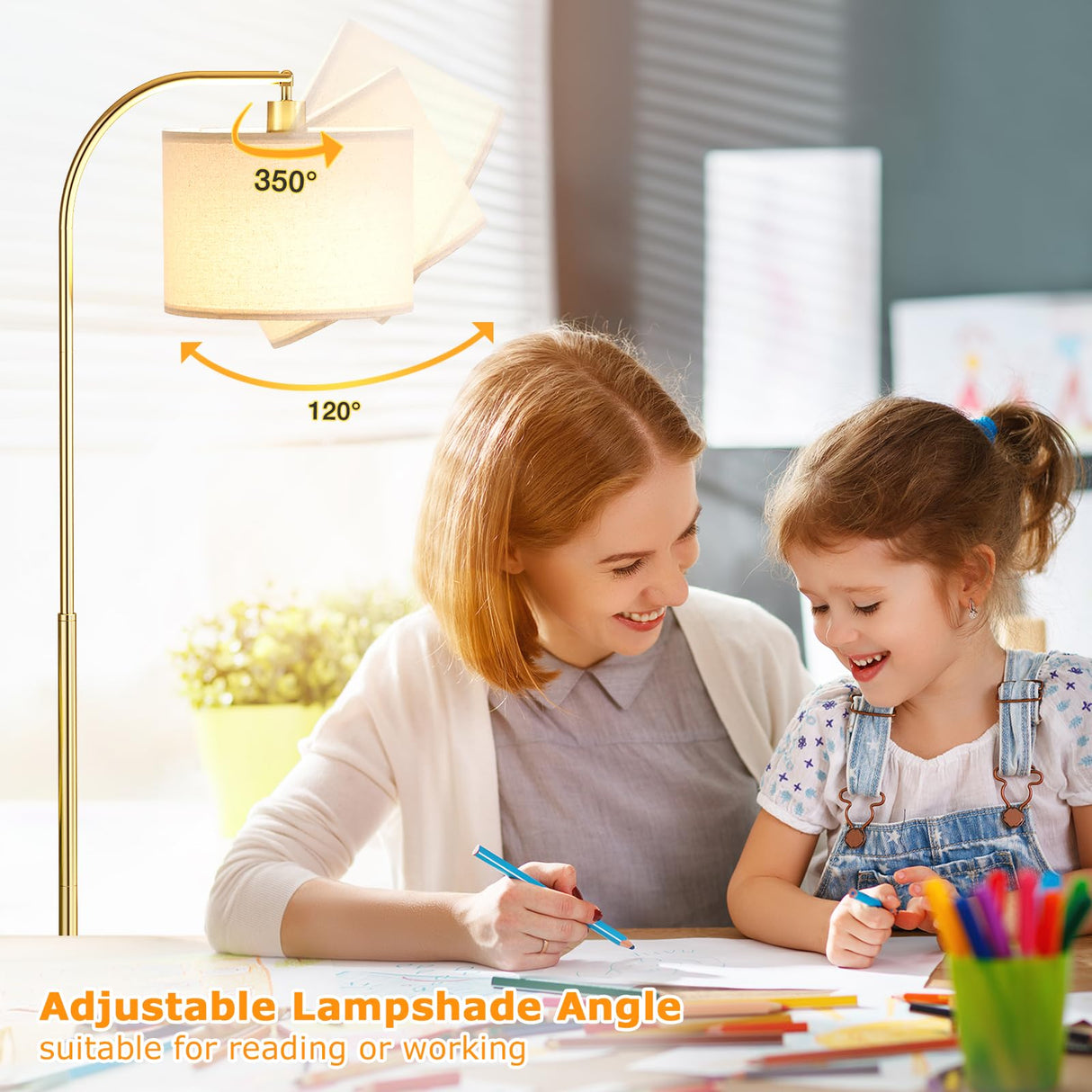 Ambimall Gold Arc Floor Lamp with Remote - Dimmable Bulb, Colors Temperature Adjustable, Easy Assembly, Modern Standing Lamp for Living Room Bedroom Office Reading Room Nursery (Beige Linen Shade) Ambimall