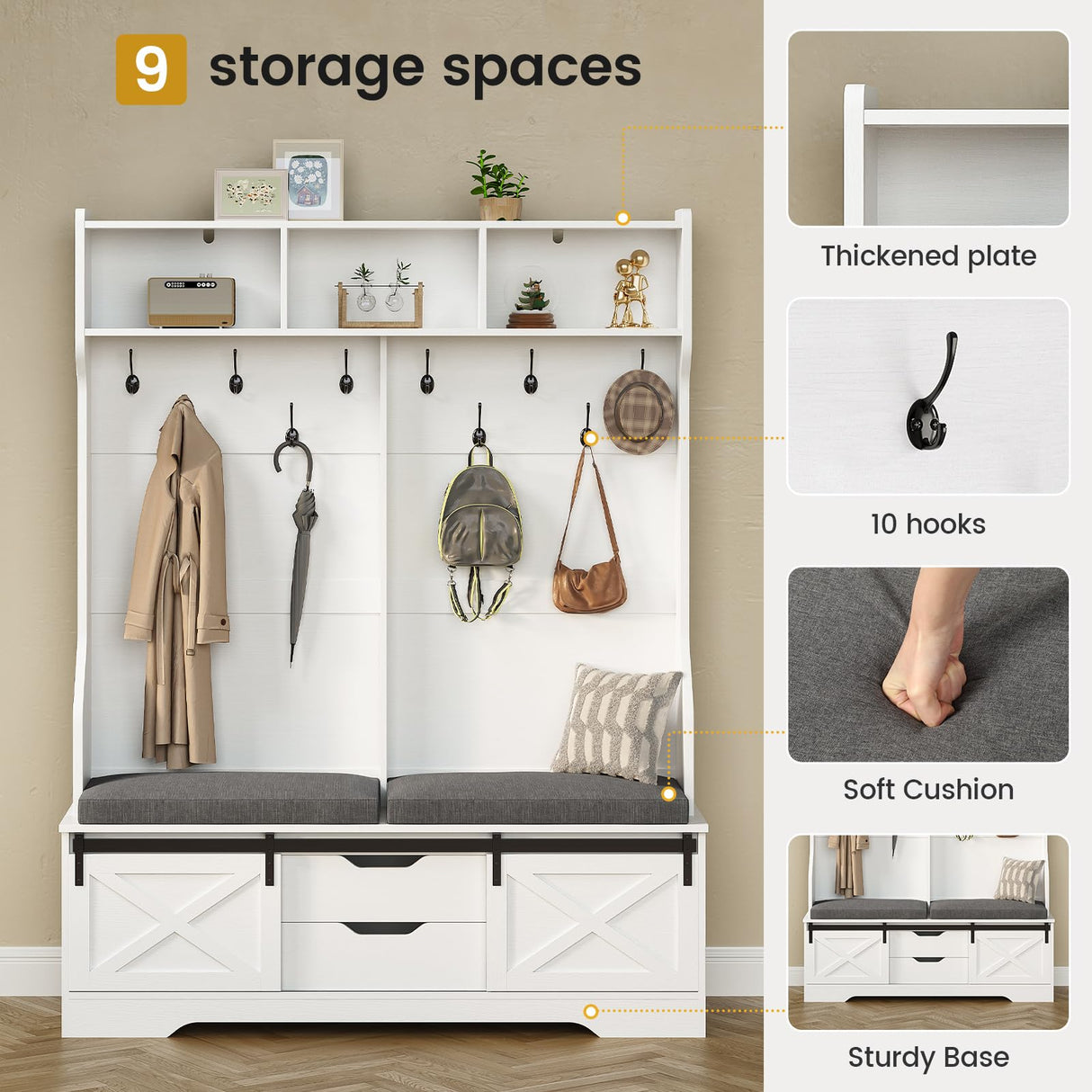 UPOSOJA Hall Tree with Bench and Shoe Storage, Entryway Bench with Coat Rack, Modern Farm House Barn Door 3-in-1 Hall Tree with Storage Cushioned Bench Stool and Hooks for Hallway, Living Room (60IN) UPOSOJA