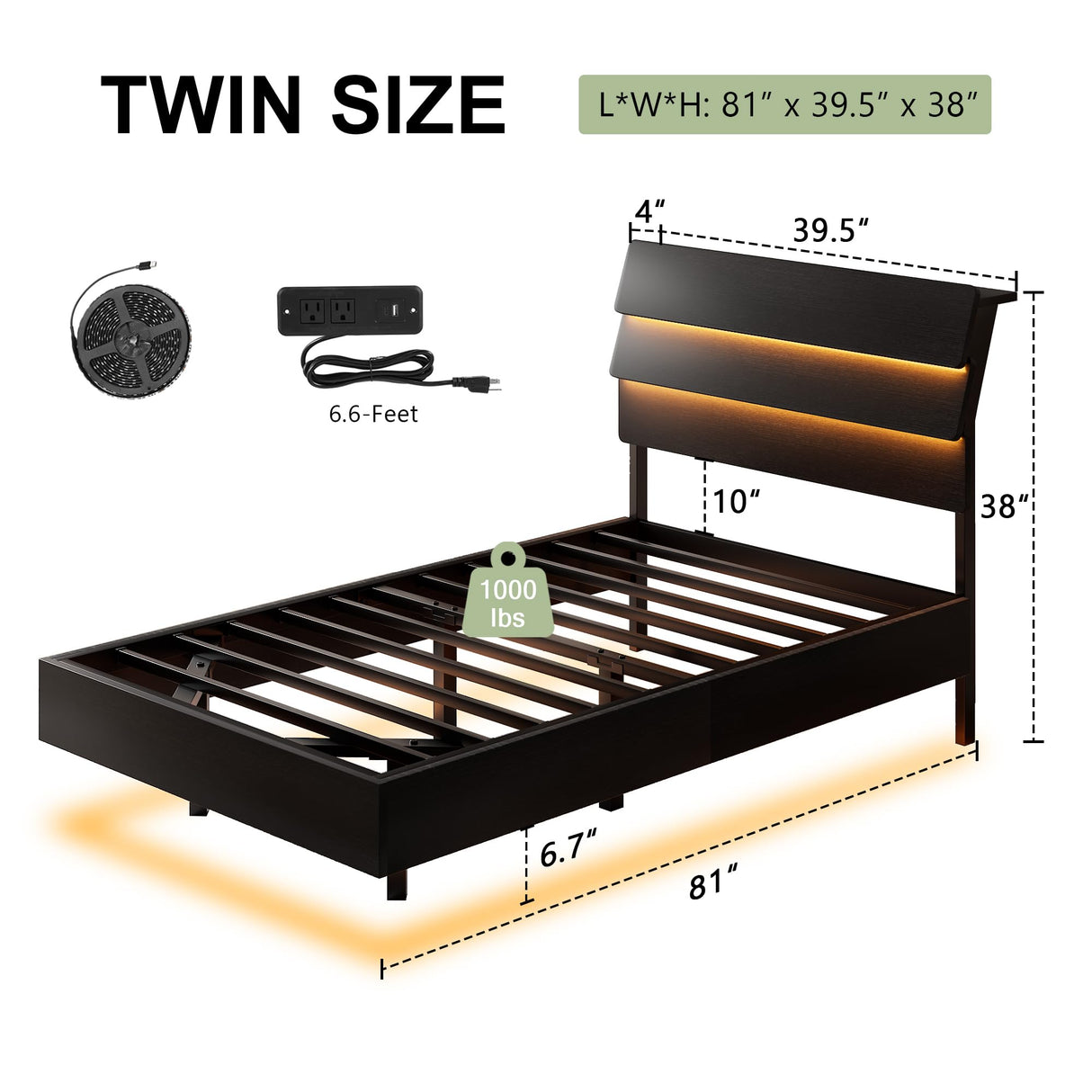 Feonase Twin Floating Bed Frame with Led Lights and Charging Station, Wood Twin Size Bed Frame with Storage Headboard, Heavy Duty Metal Slats, No Box Spring Needed, Easy Assembly, Black Feonase