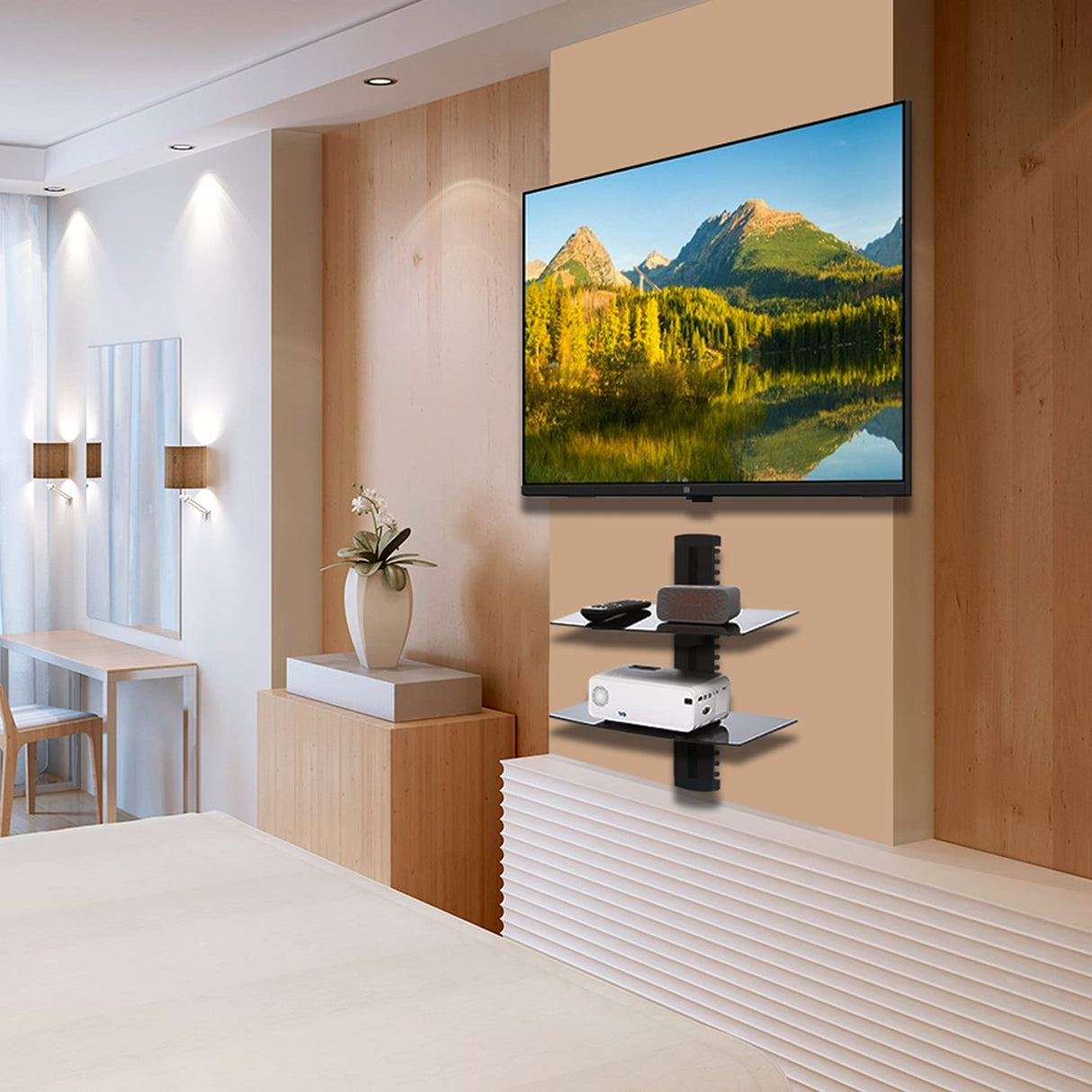 WALI Floating Entertainment Center Shelves, Holds Up to 17.6lbs, TV Shelf with Strengthened Tempered Glasses for DVD Players, Cable Boxes, Games Consoles, TV Accessories (CS202B), 2 Shelf, Black WALI