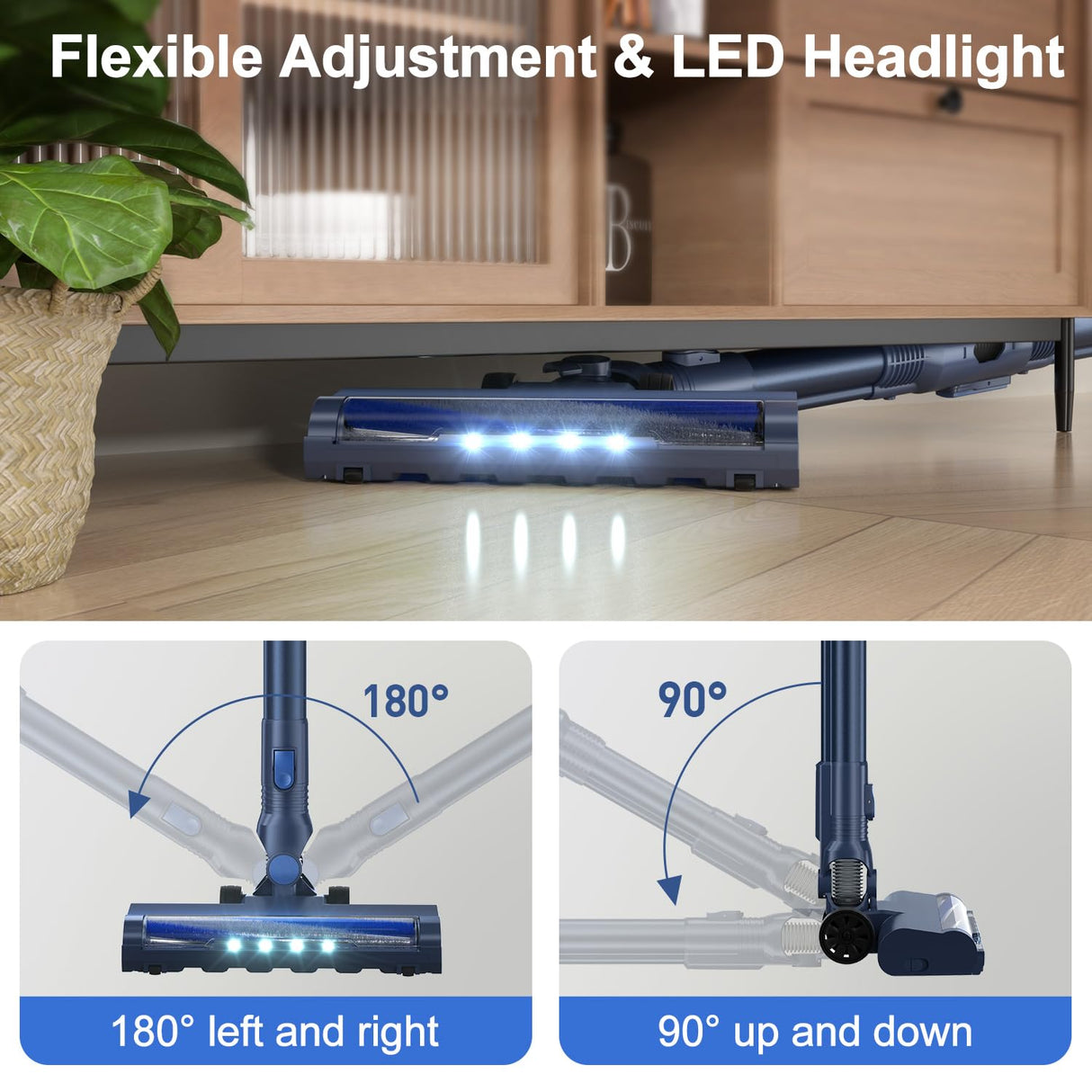 PRETTYCARELIFE Cordless Vacuum Cleaner, Lightweight Stick Vacuum Cleaner, 6 in 1, Self-Standing with Powerful Suction, 180° Bendable Wand Rechargeable Cordless Vacuum for Hardwood Floor (Blue) PRETTYCARELIFE