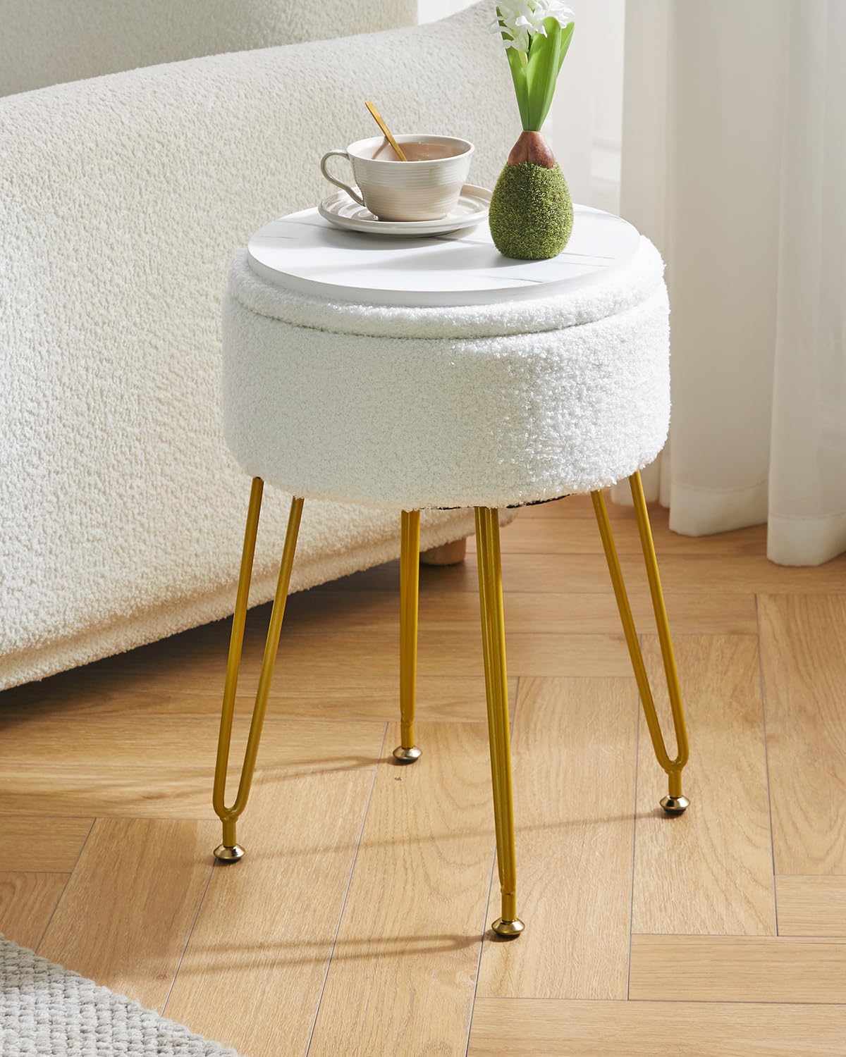 IBUYKE Teddy Velvet Storage Footrest Stool Ottoman, Makeup Vanity Stool Side Table with Removable Cover, Golden Steel Legs, Coffee Table Top Cover, White WBD010W IBUYKE