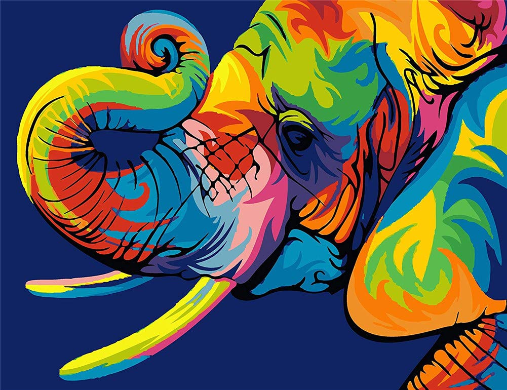 Komking DIY Acrylic Painting Paint by Numbers Kit for Kids & Adults Beginner, Colorful Animals Painting on Canvas 16x20inch - Colorful Elephant Komking