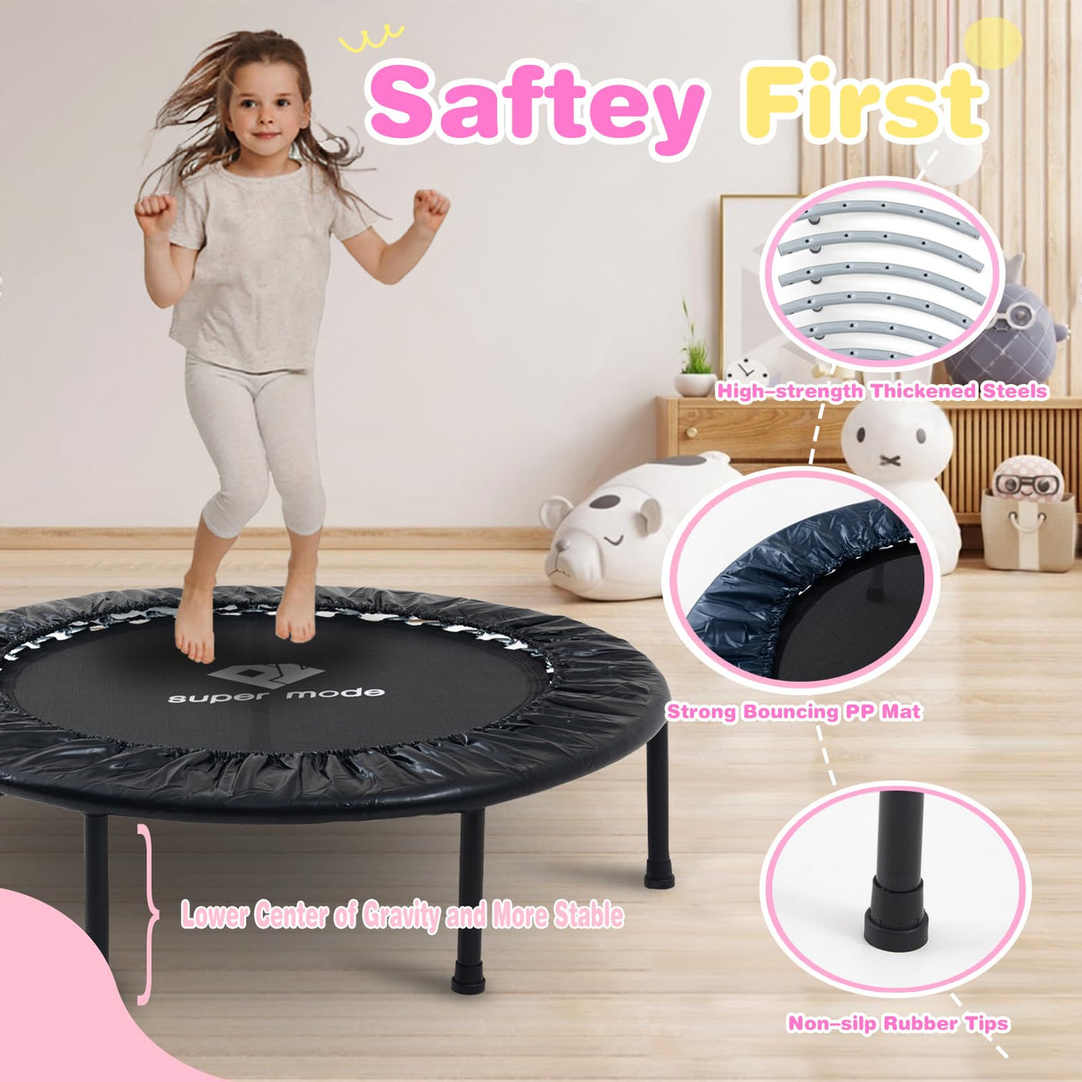 36 Inch Mini ToddlerTrampoline for Kids Ages Over 6 Max Load 170lbs Indoor Small Rebounder Trampoline Gifts for Kids Toddler Trampoline with Safe Cover Black PY SUPER MODE
