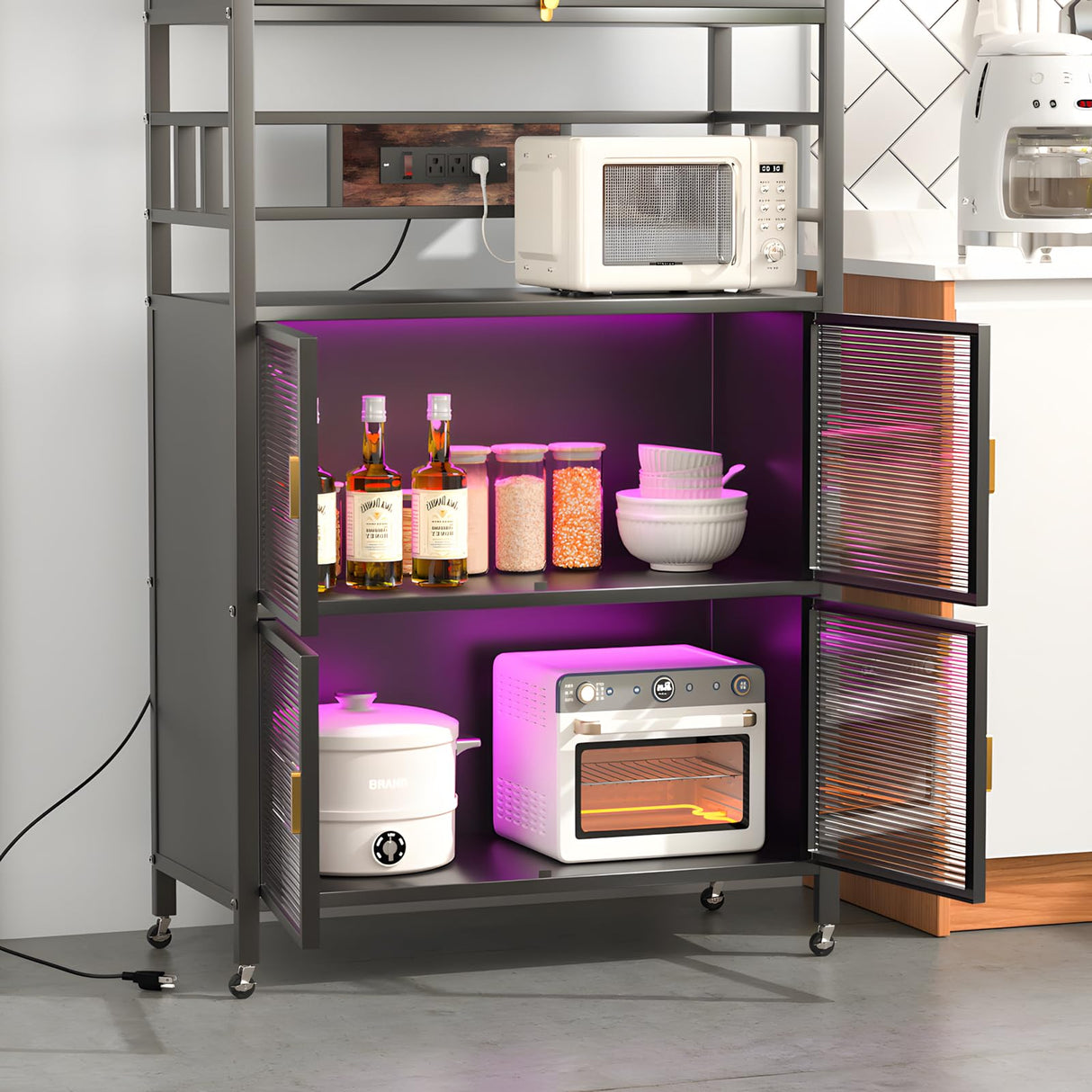 REENLIV 5-Tier Bakers Rack with Power Outlet, Microwave Stand, Bread Rack,Coffee Stand, Baker's Rack with Rolling Wheels and 4 Hooks, Kitchen Shelves for Spices, Pots and Pans,Black REENLIV