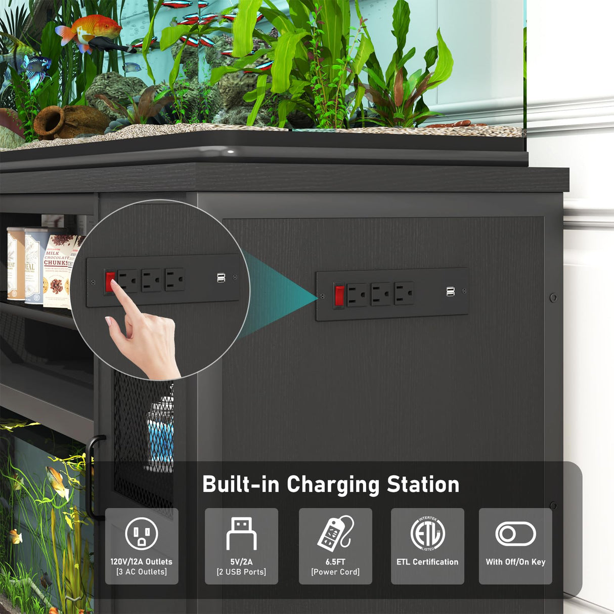 Hlivelood 55-75 Gallon Fish Tank Stand with Power Outlet&LED Light, Heavy Duty Metal Aquarium Stand for 2 Fish Tank Accessories Storage, Suit for Turtle Tank, Reptile Terrarium, 880lbs Capacity, Black Hlivelood