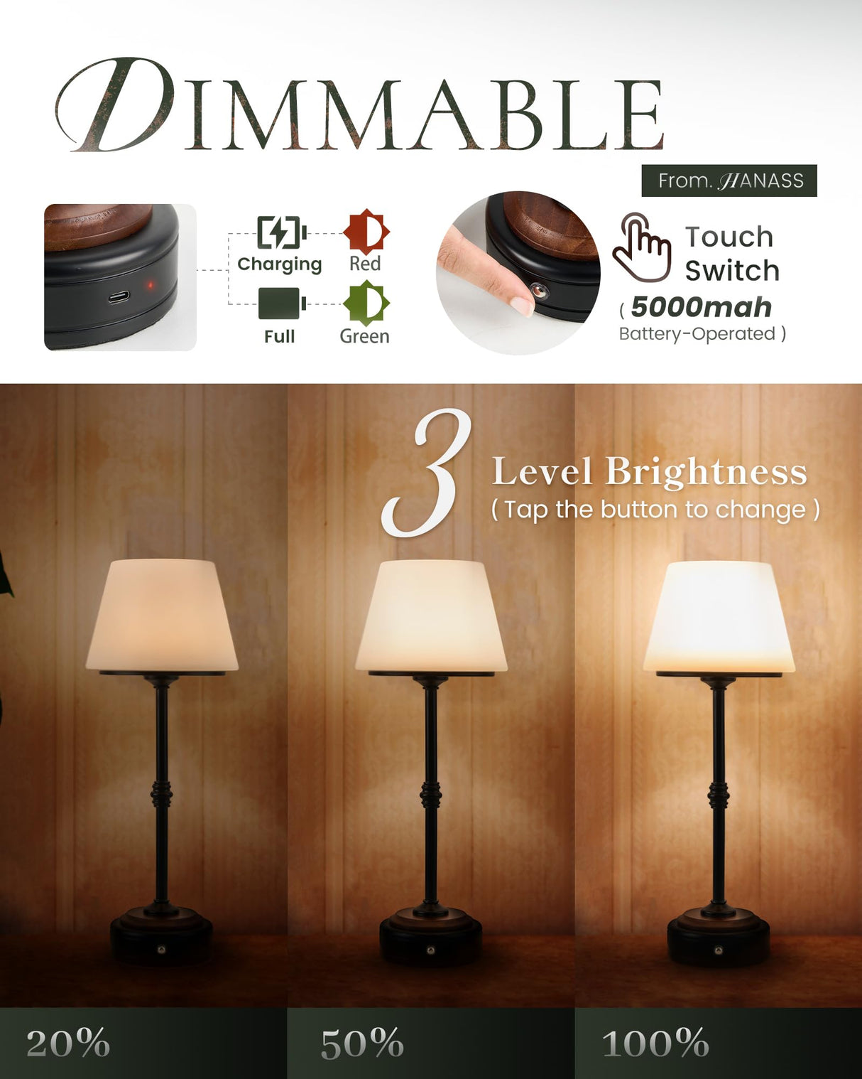 HANASS Cordless LED Table Lamp, Black Desk Lamp with Solid Wood Base, Patio Table Lamp Built-in Rechargeable Battery, 3-Level Brightness Dimmable,Wireless Bedside Night Lamp MT2315 HANASS