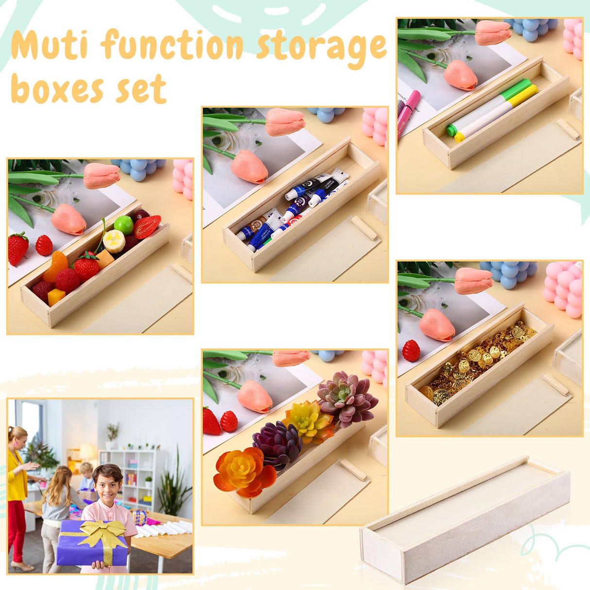 Spiareal 16 Pcs Unfinished Wood Pencil Box with Sliding Lid Wooden Pen Stash Trinket Box Unpainted Storage Box for DIY Craft Housewarming Party DIY with Paint Engraving Imprint 7.7" x 2.2" x 1.4" Spiareal