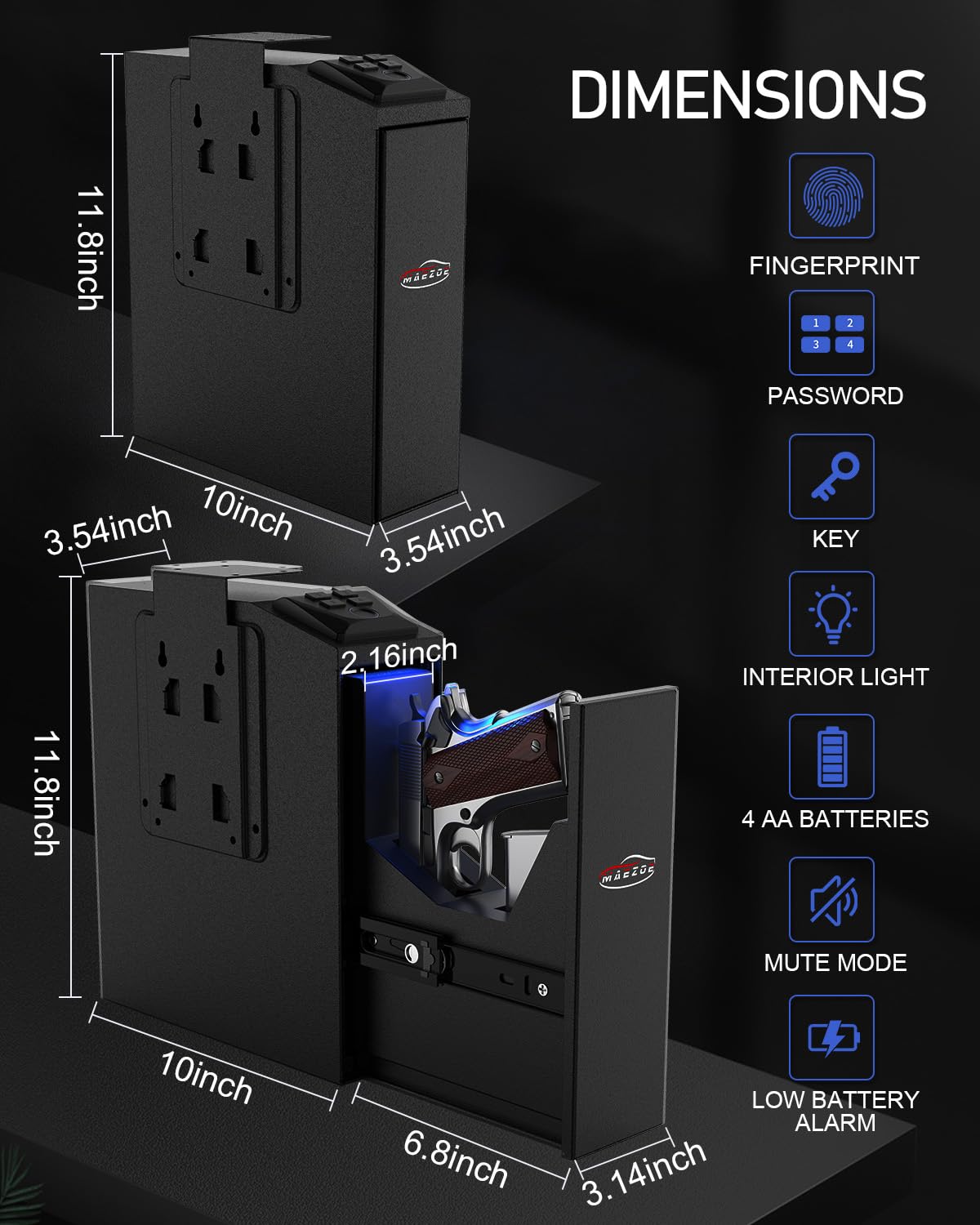 MAEZOE Gun Safe Biometric Pistol Safe with Quick Access Sliding Door, Mounted Nightstand Fireproof Handgun Safe & Gun Lock Box for Truck, Desk, Bedside, Wall with Fingerprint, PIN Code, KEY Access MAEZOE