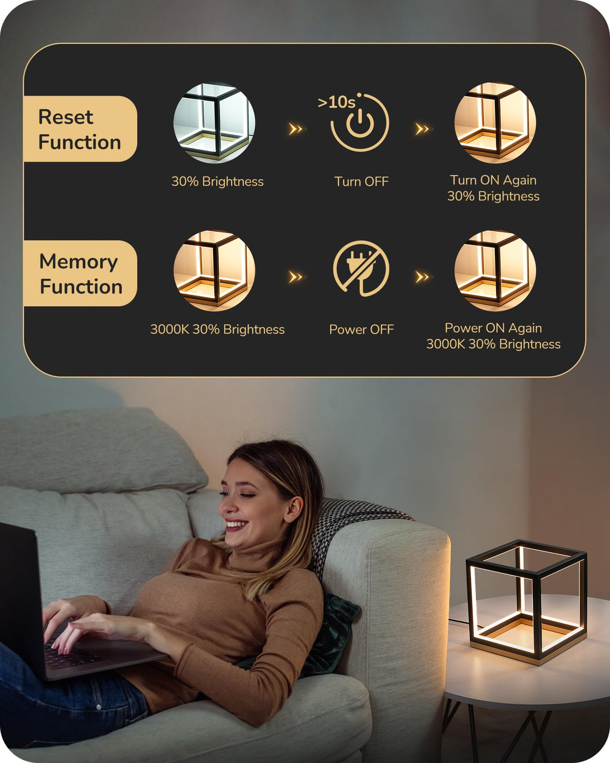 EDISHINE Modern LED Table Lamp, Minimalist Bedside Lamp with Solid Wood Base, 3 Way Dimmable, 3000K/4500K/6000K, 470LM, Black Gold Square Geometric Nightstand Lamp for Living Room, Bedroom, Office EDISHINE