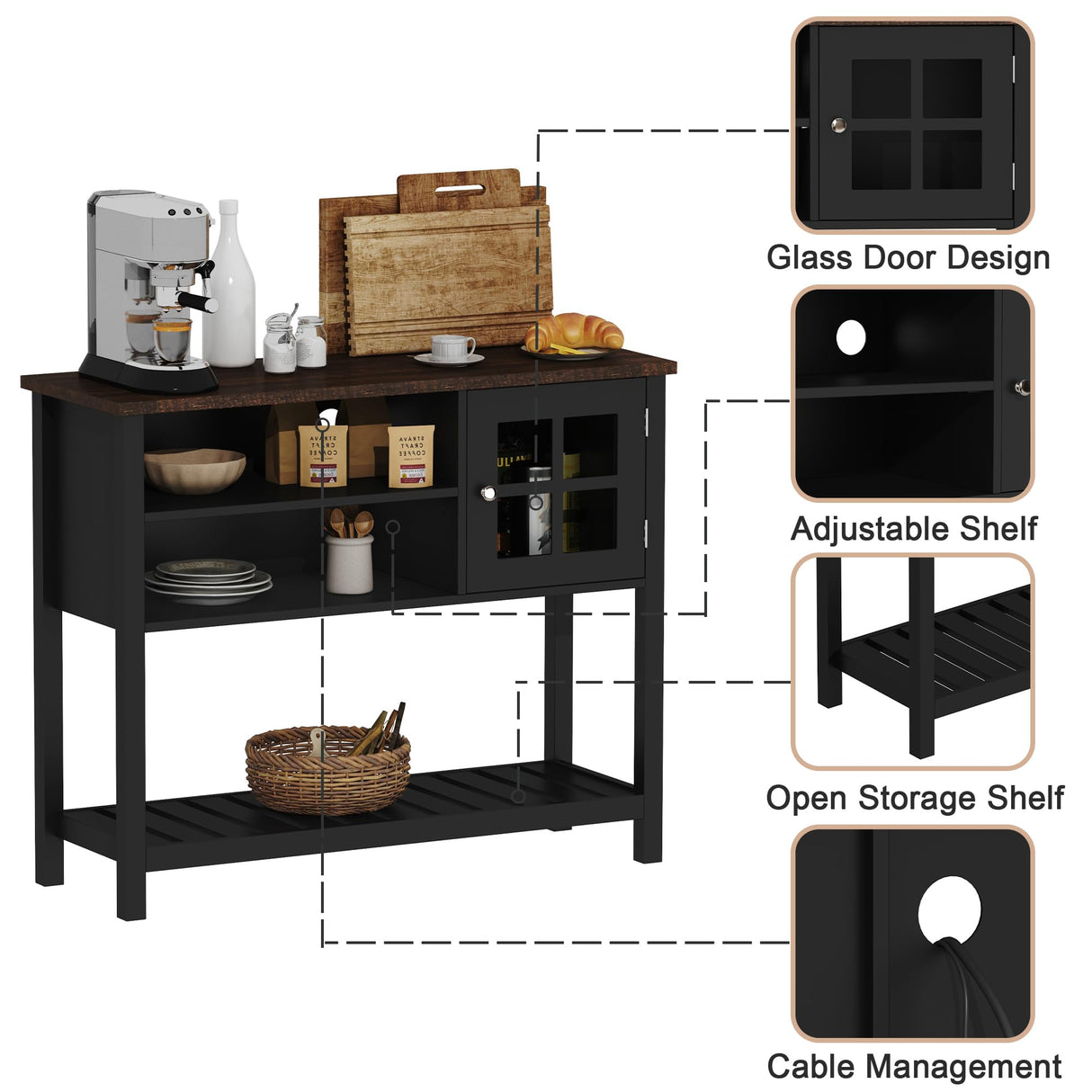 ChooChoo Farmhouse Coffee Bar Cabinet, Buffet Cabinet with Storage, Sideboard Buffet Cabinet with Glass Door, Console Table for Kitchen, Hallway, Entrance, Black ChooChoo