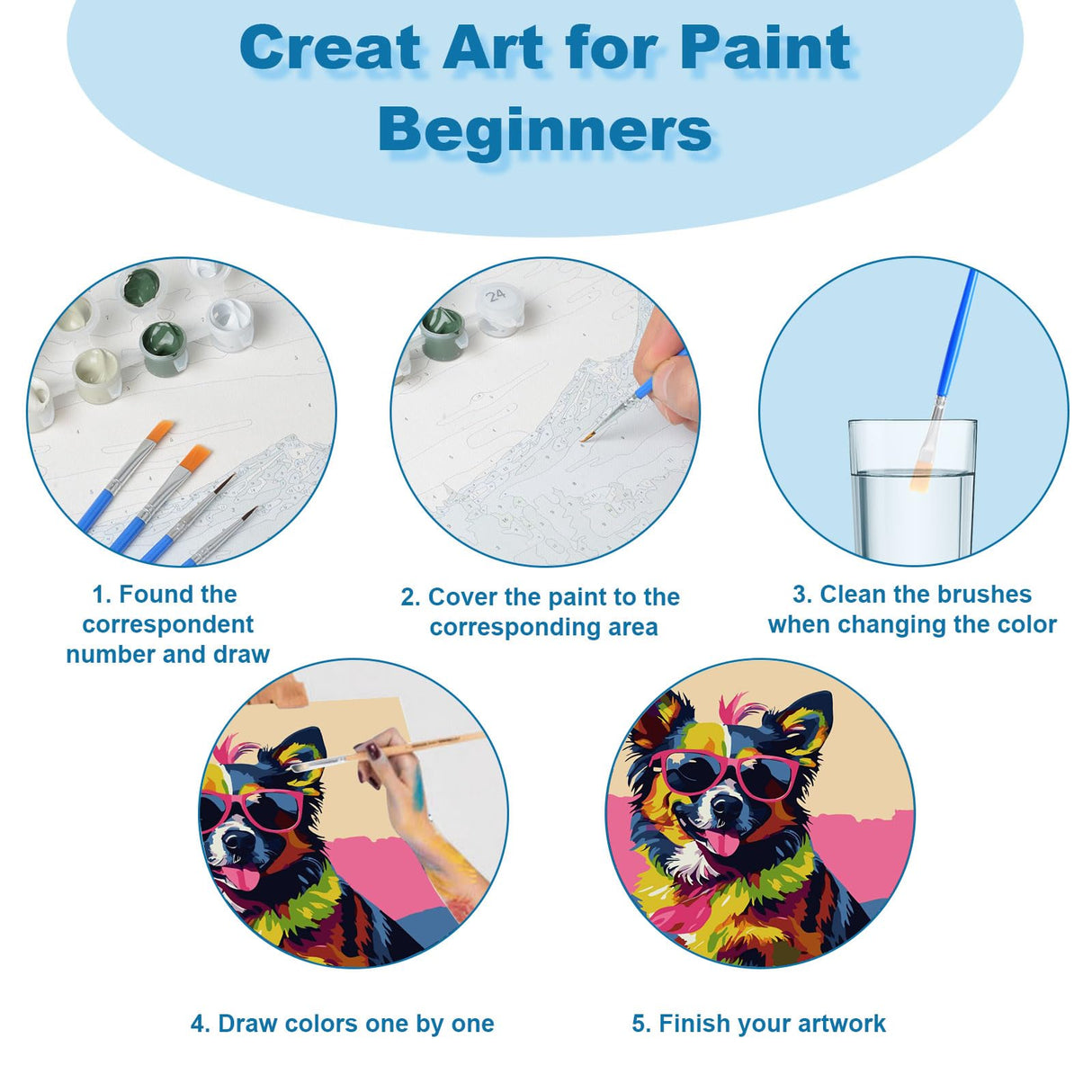 Ninonly Animal Paint by Numbers Kit for Adults Framed Canvas, Colored Dog Paint by Number Arts and Crafts Kits for Adults Beginner with Brushes, Acrylic Painting, 9 * 12 Inch Ninonly