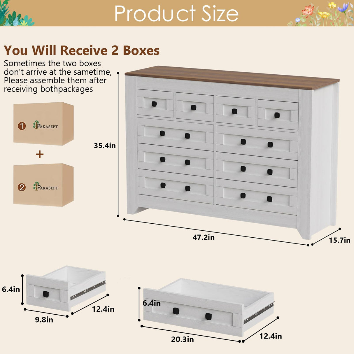 PAKASEPT 10 Drawers Dresser, Farmhouse Dresser for Bedroom, Wood Dressers & Chests of Drawers White Dresser Closet Organizers for Bedroom,Hallway PAKASEPT